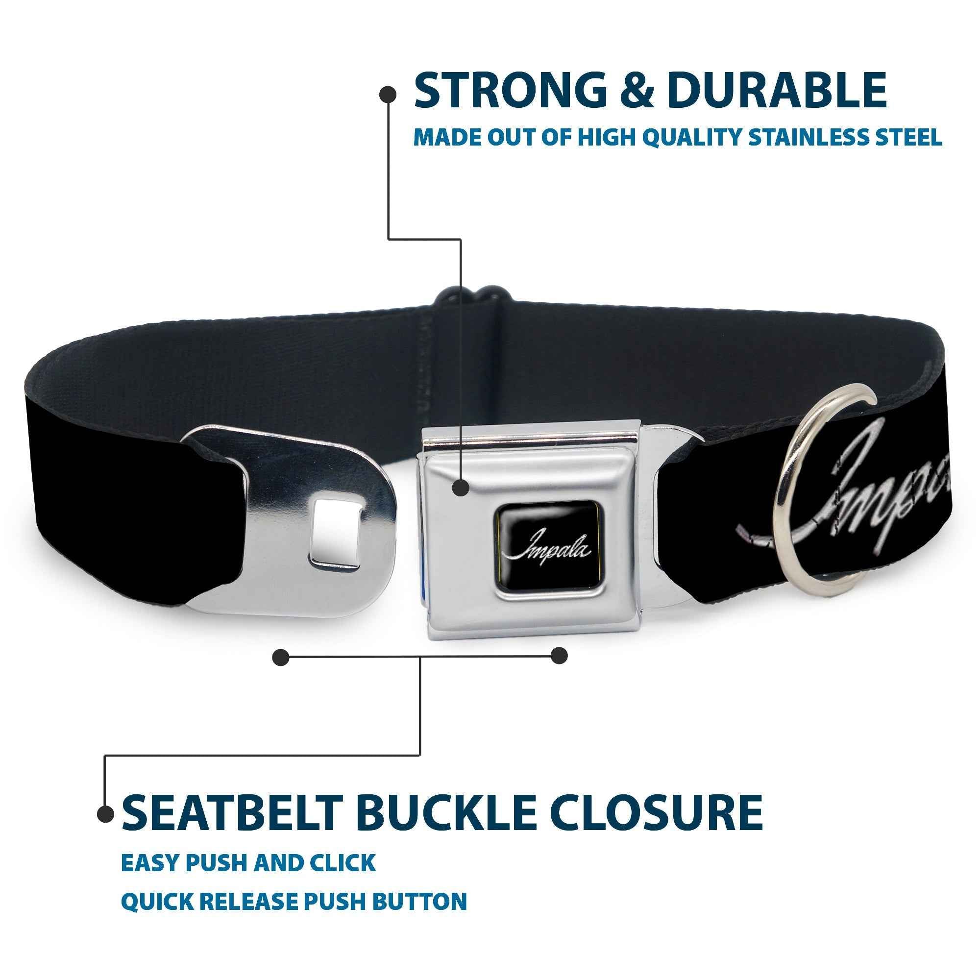 Buckle-Down Impala Script Emblem Black/Silver Seatbelt Buckle Dog Collar - Impala Script Emblem Black/Silver