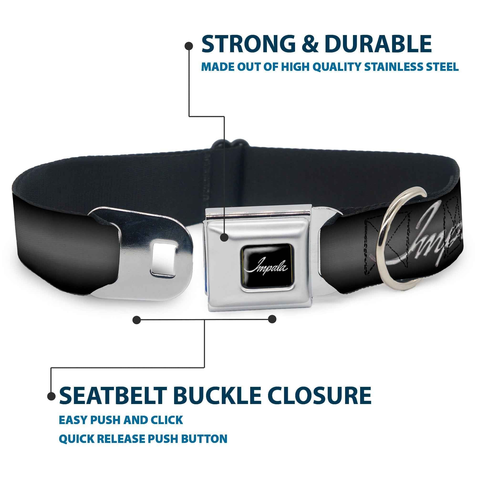 Buckle-Down Impala Script Emblem Black/Silver Seatbelt Buckle Dog Collar - Impala Script Emblem Gray Fade/Silver
