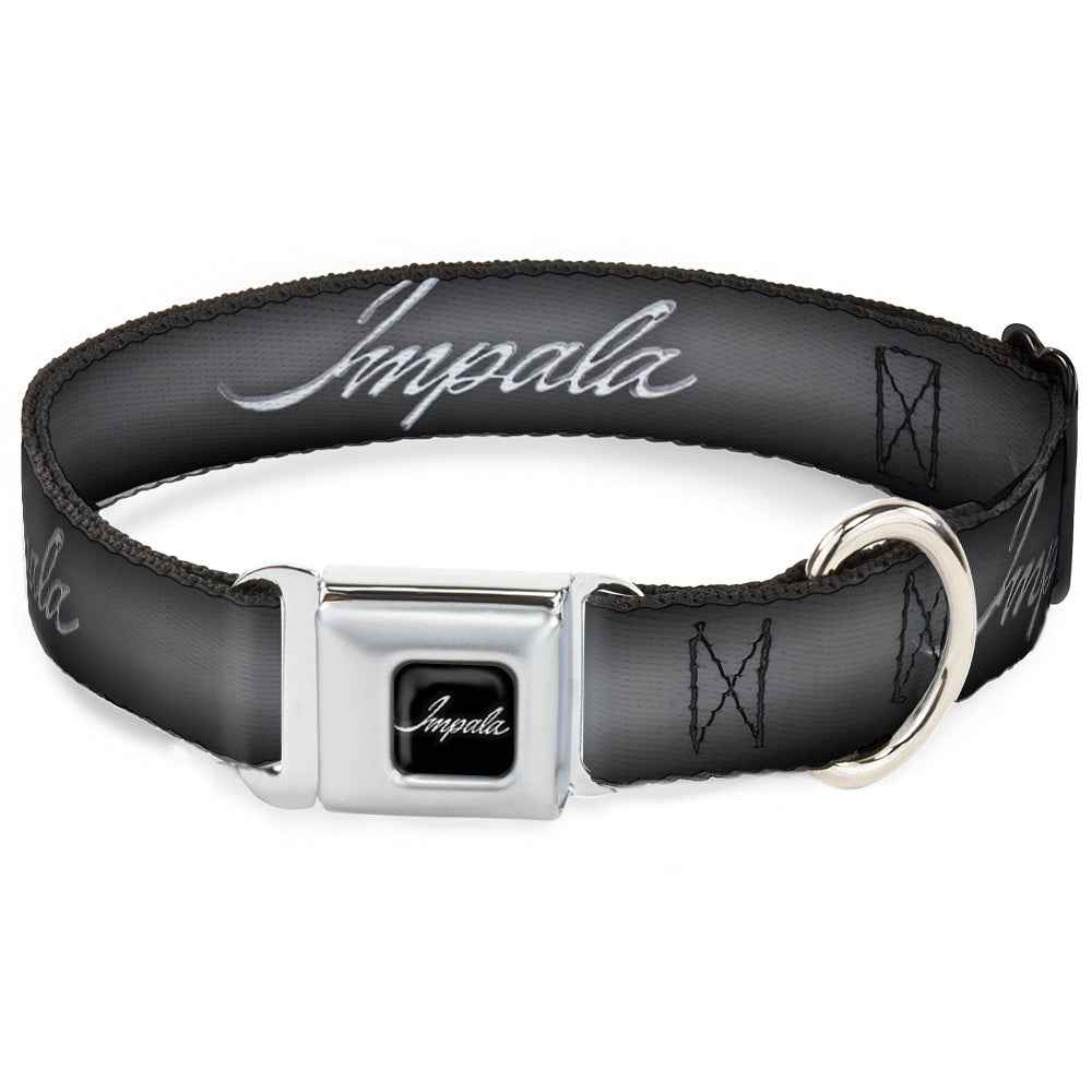 Buckle-Down Impala Script Emblem Black/Silver Seatbelt Buckle Dog Collar - Impala Script Emblem Gray Fade/Silver