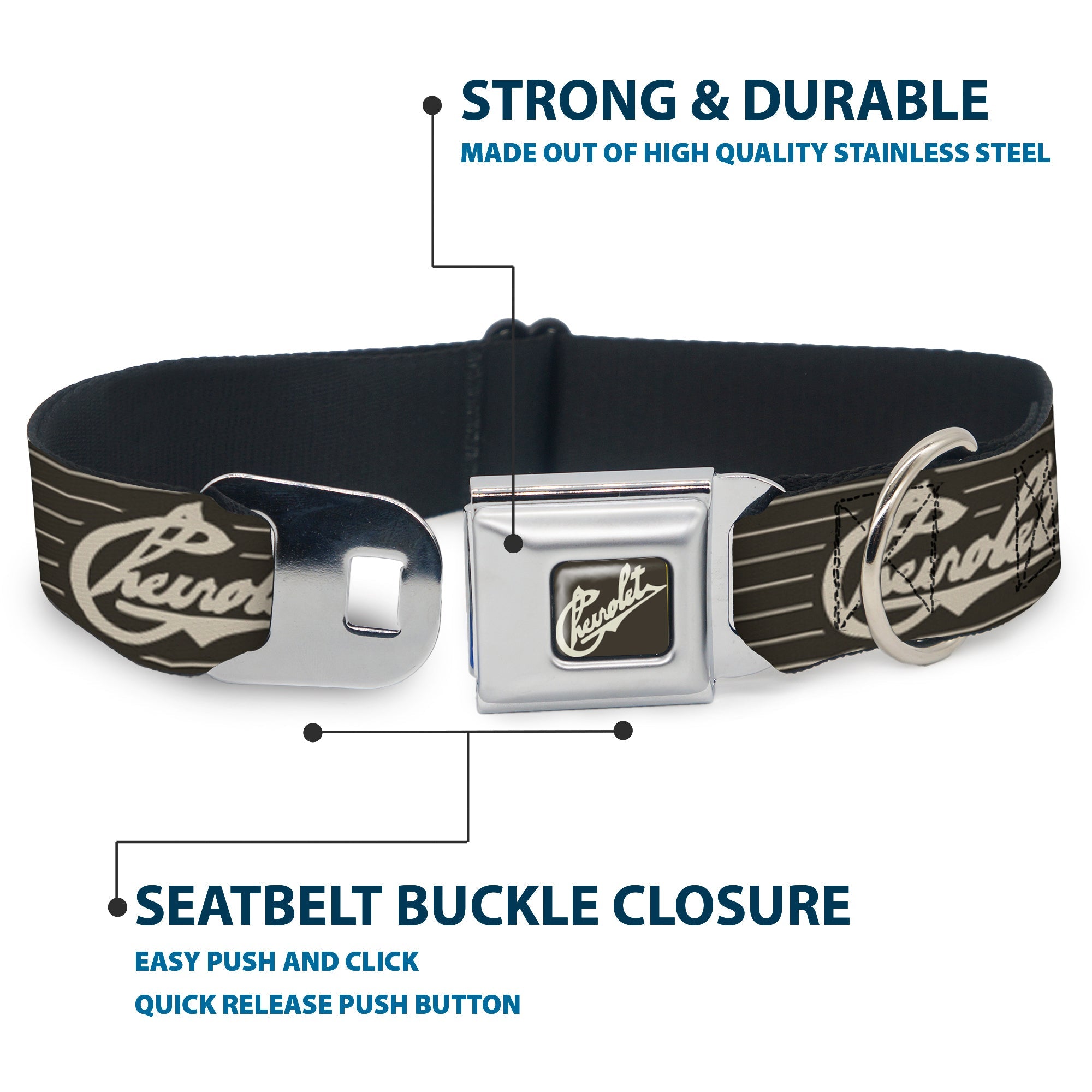 CHEVROLET Heritage Script Full Color Charcoal/Tan Seatbelt Buckle Collar - CHEVROLET Heritage Script/Stripe Charcoal/Tan