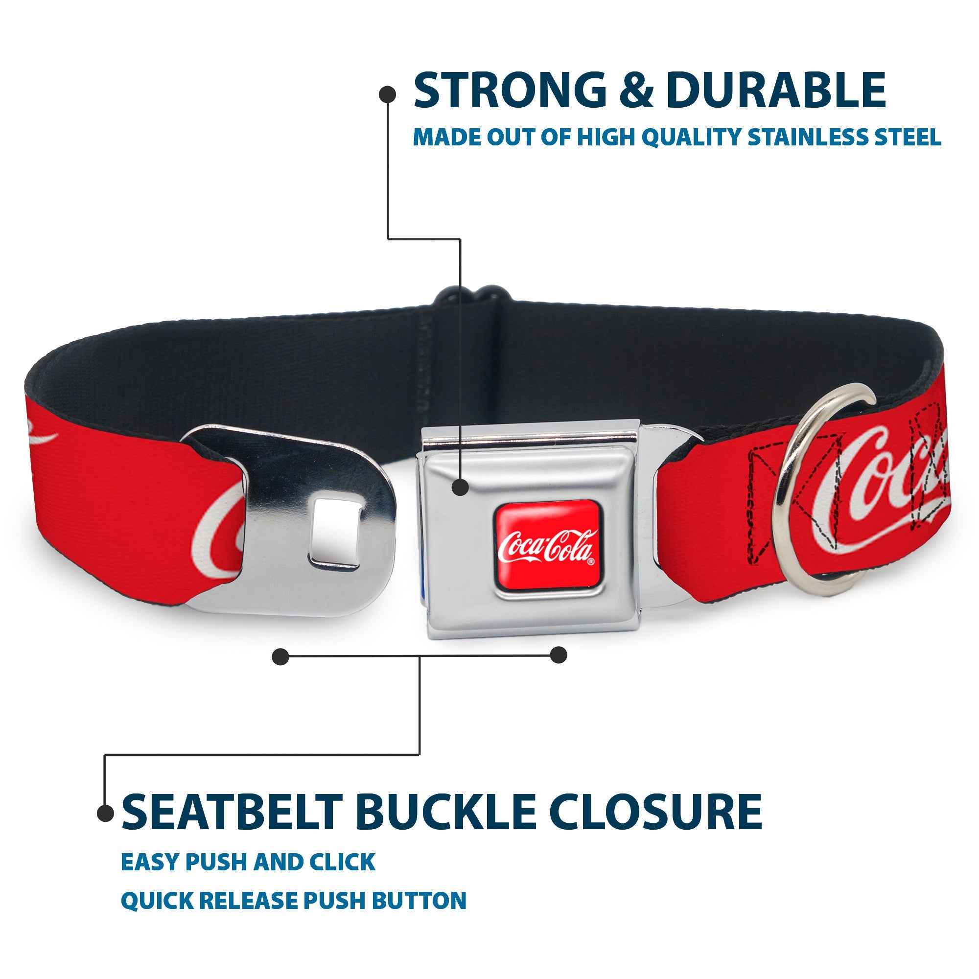 Buckle-Down Coca-Cola Script Logo Full Color Red/White Seatbelt Buckle Dog Collar - Coca-Cola Script Logo Red/White