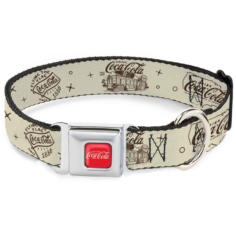 Buckle-Down Drink Coca-Cola Logo Full Color Red/White Seatbelt Buckle Dog Collar - Vintage Coca-Cola Coke Icons and Ad Logos White/Brown