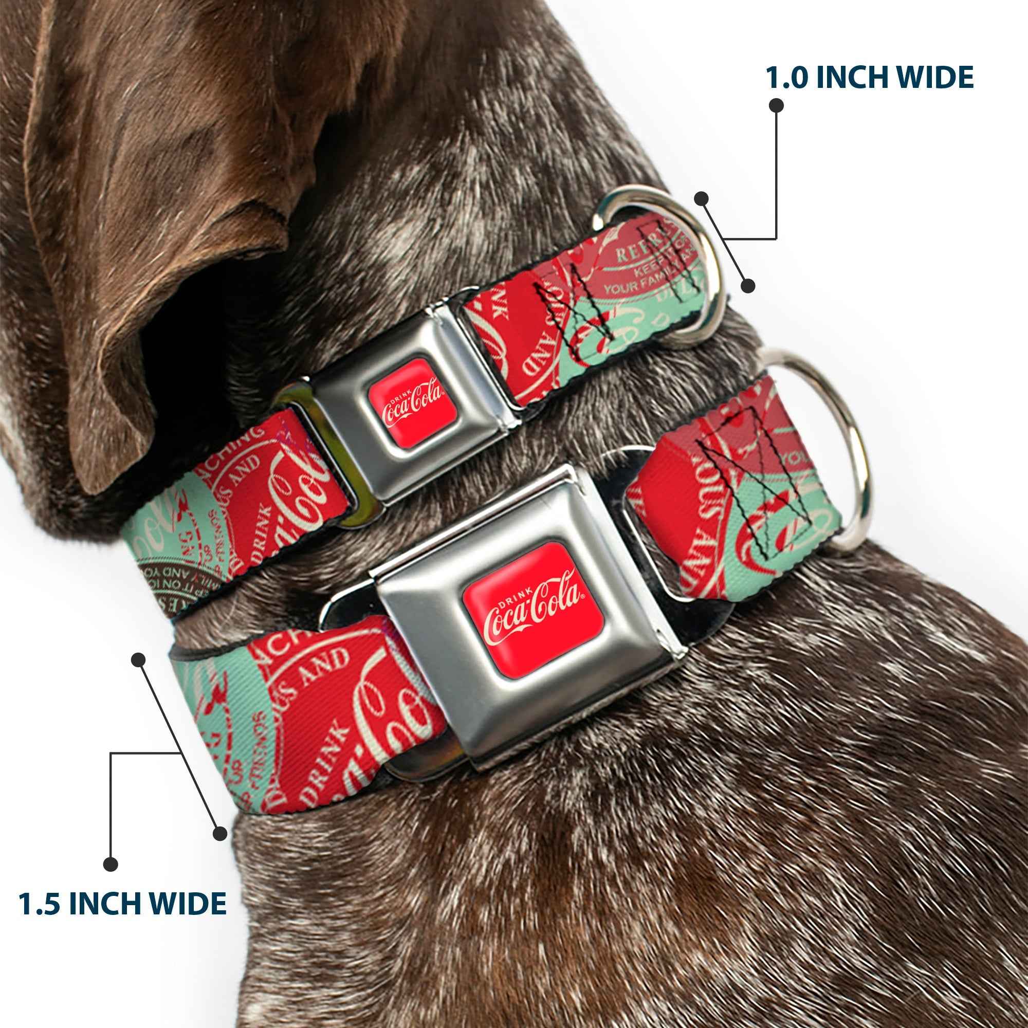 Buckle-Down Drink Coca-Cola Logo Full Color Red/White Seatbelt Buckle Dog Collar - Drink Coca-Cola Coke Patches Stacked Reds/Multicolor
