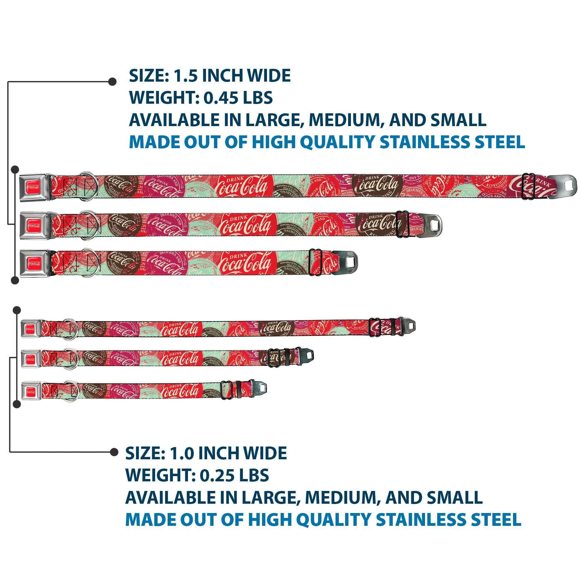 Buckle-Down Drink Coca-Cola Logo Full Color Red/White Seatbelt Buckle Dog Collar - Drink Coca-Cola Coke Patches Stacked Reds/Multicolor