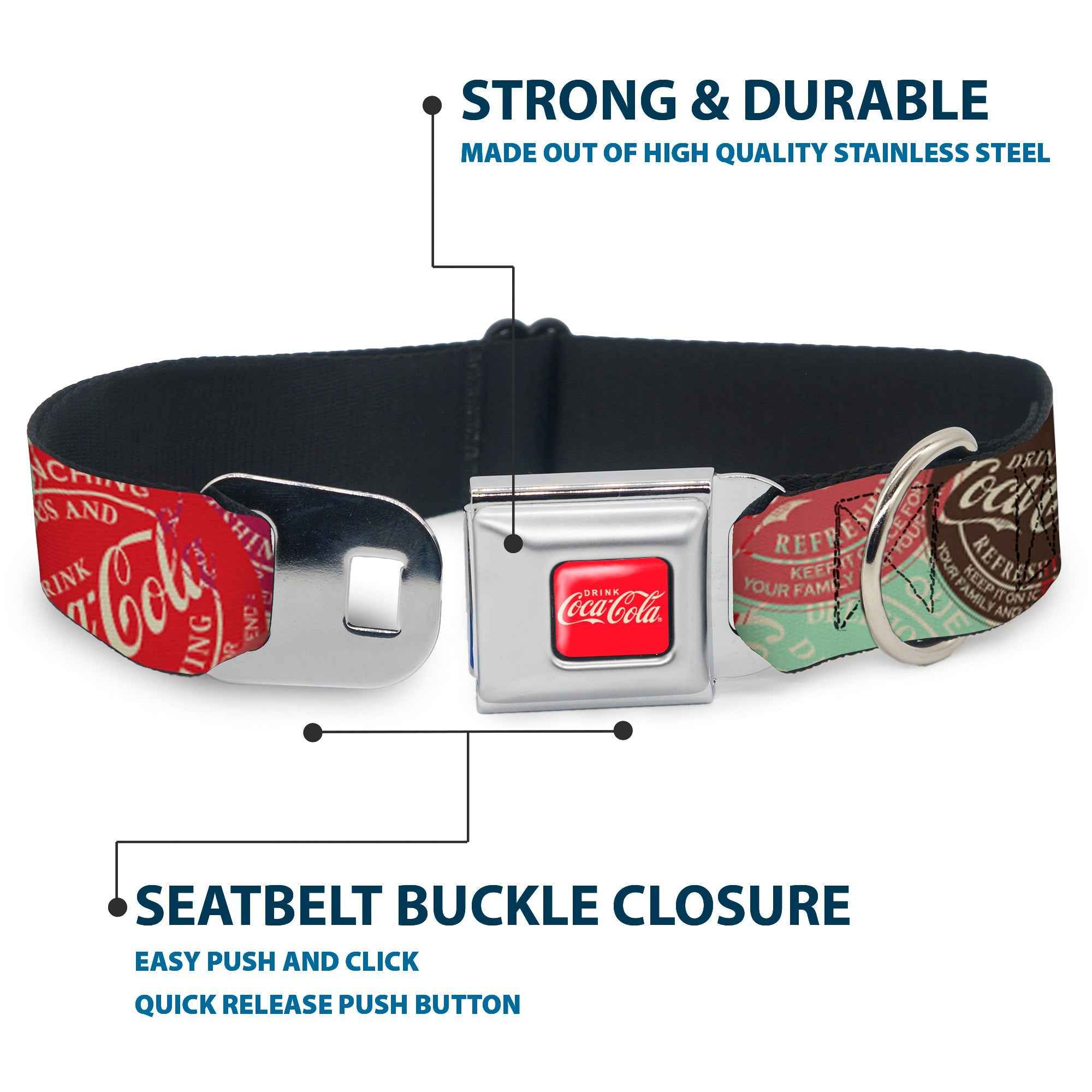 Buckle-Down Drink Coca-Cola Logo Full Color Red/White Seatbelt Buckle Dog Collar - Drink Coca-Cola Coke Patches Stacked Reds/Multicolor