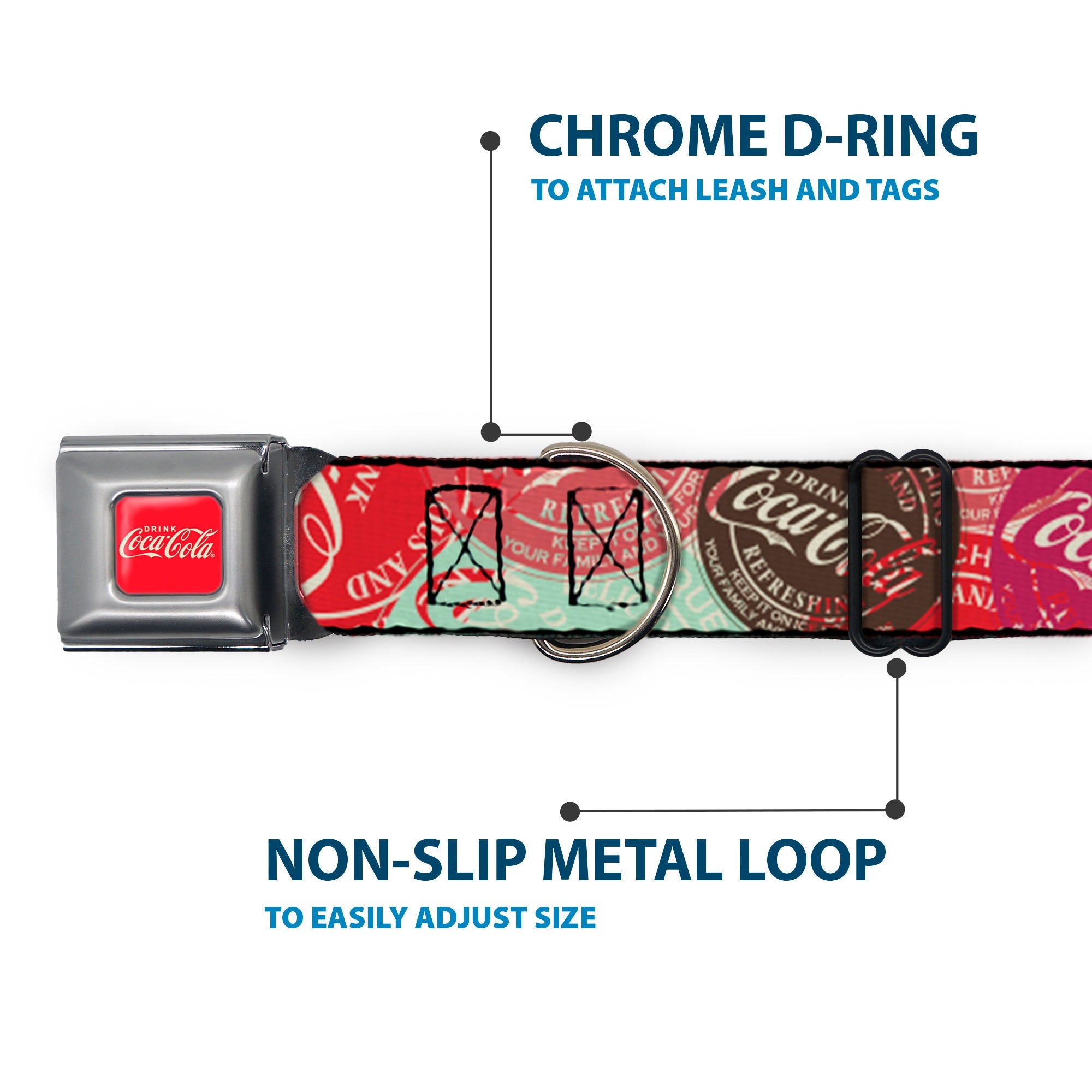 Buckle-Down Drink Coca-Cola Logo Full Color Red/White Seatbelt Buckle Dog Collar - Drink Coca-Cola Coke Patches Stacked Reds/Multicolor