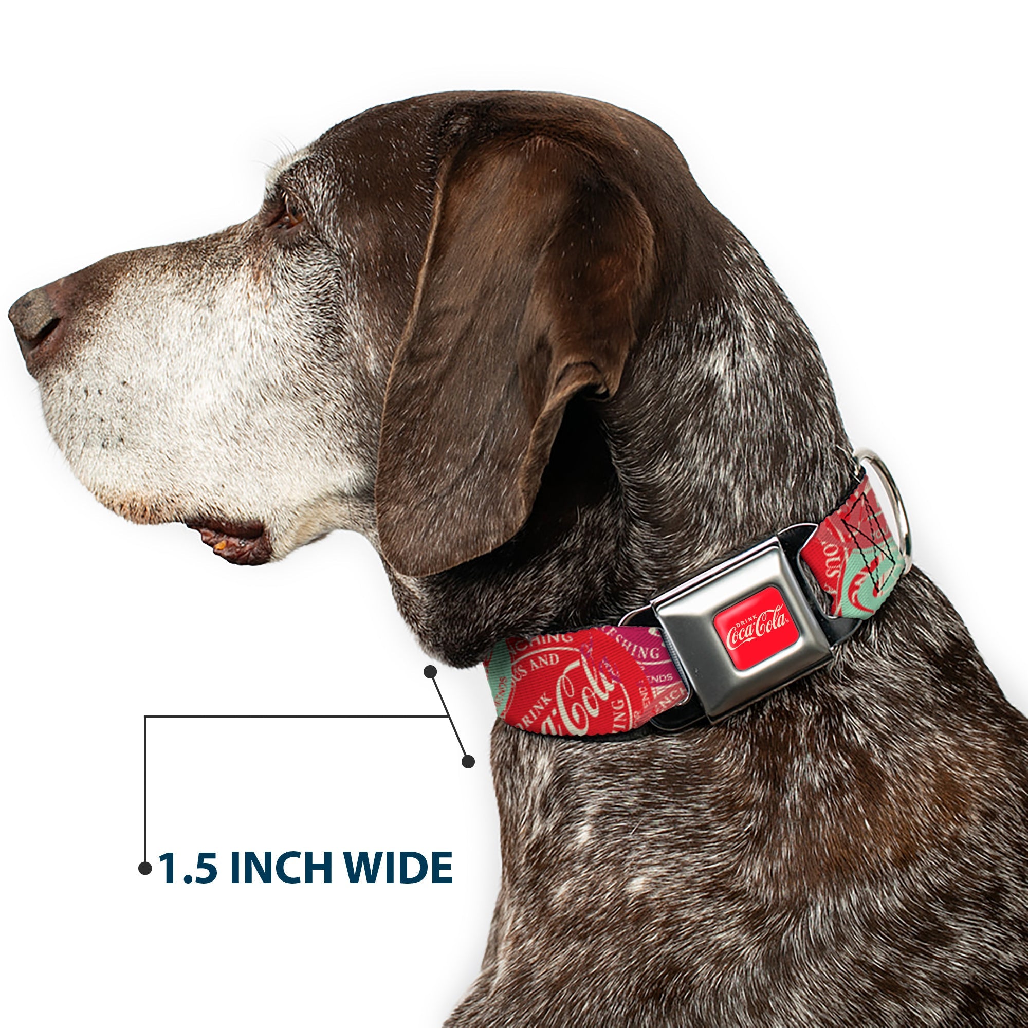 Buckle-Down Drink Coca-Cola Logo Full Color Red/White Seatbelt Buckle Dog Collar - Drink Coca-Cola Coke Patches Stacked Reds/Multicolor