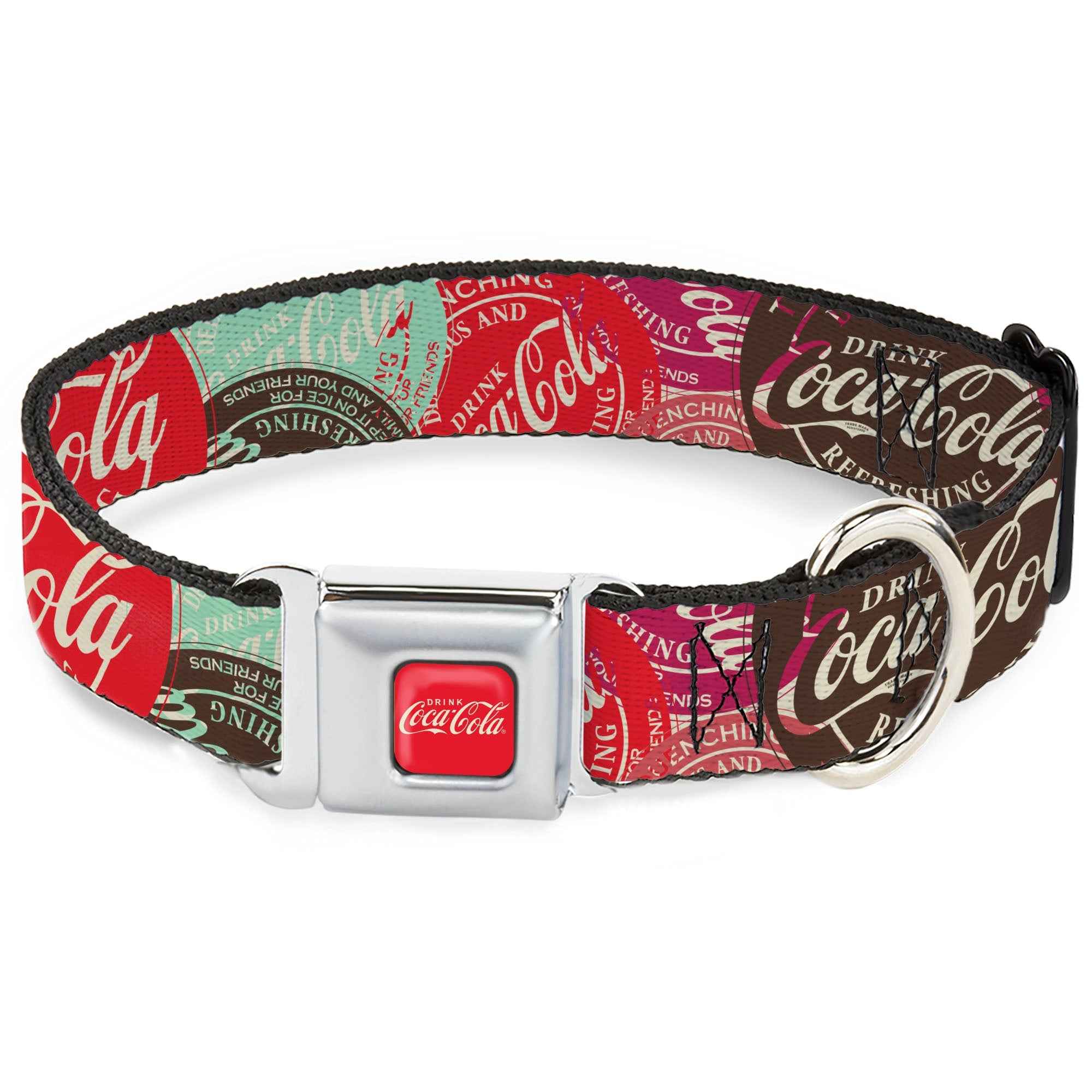Buckle-Down Drink Coca-Cola Logo Full Color Red/White Seatbelt Buckle Dog Collar - Drink Coca-Cola Coke Patches Stacked Reds/Multicolor