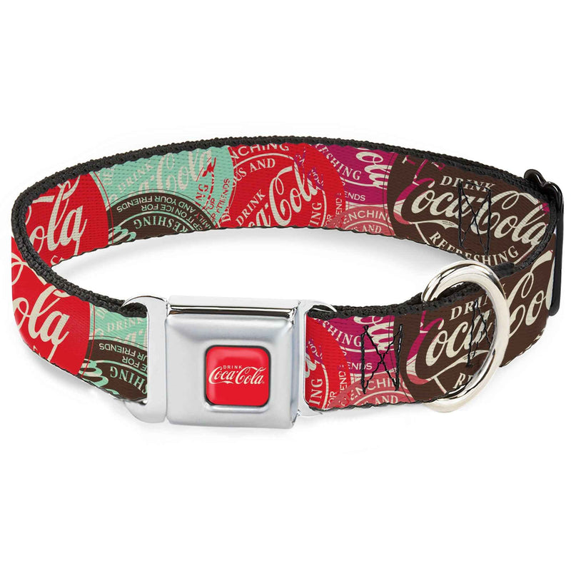 Buckle-Down Drink Coca-Cola Logo Full Color Red/White Seatbelt Buckle Dog Collar - Drink Coca-Cola Coke Patches Stacked Reds/Multicolor