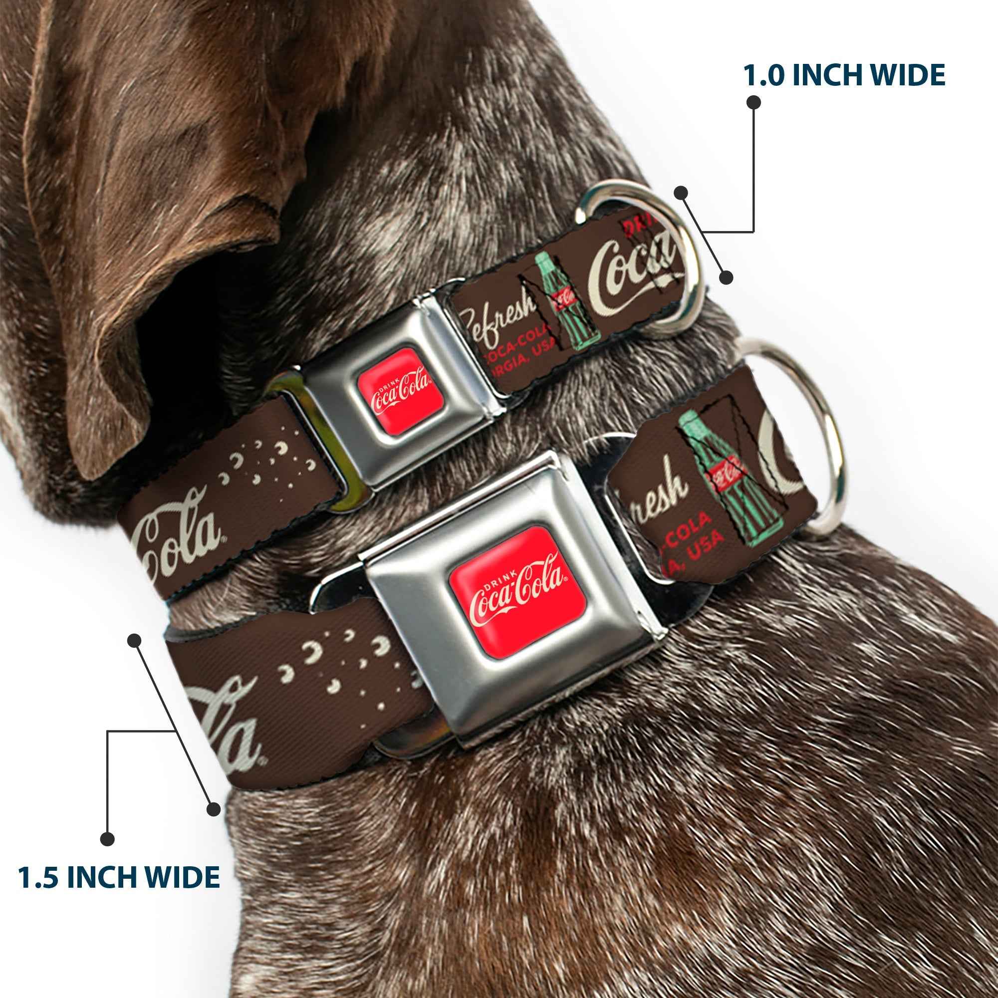 Buckle-Down Drink Coca-Cola Logo Full Color Red/White Seatbelt Buckle Dog Collar - Coca-Cola Pause And Refresh Typography and Bottle Brown/Red/White