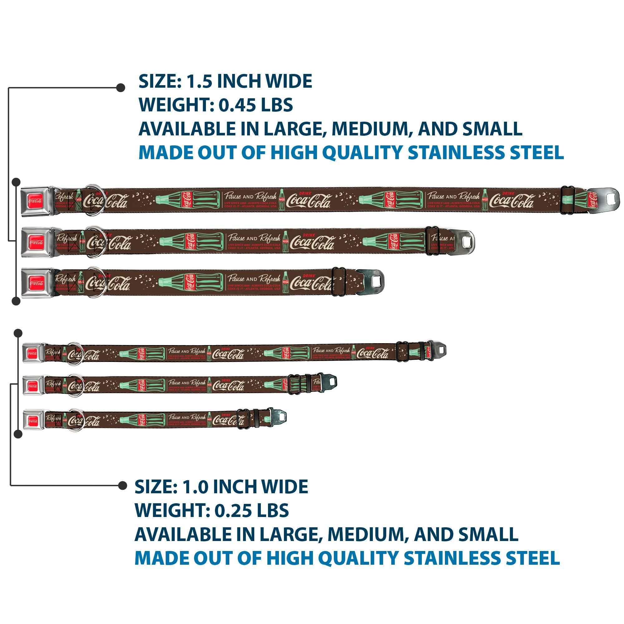 Buckle-Down Drink Coca-Cola Logo Full Color Red/White Seatbelt Buckle Dog Collar - Coca-Cola Pause And Refresh Typography and Bottle Brown/Red/White