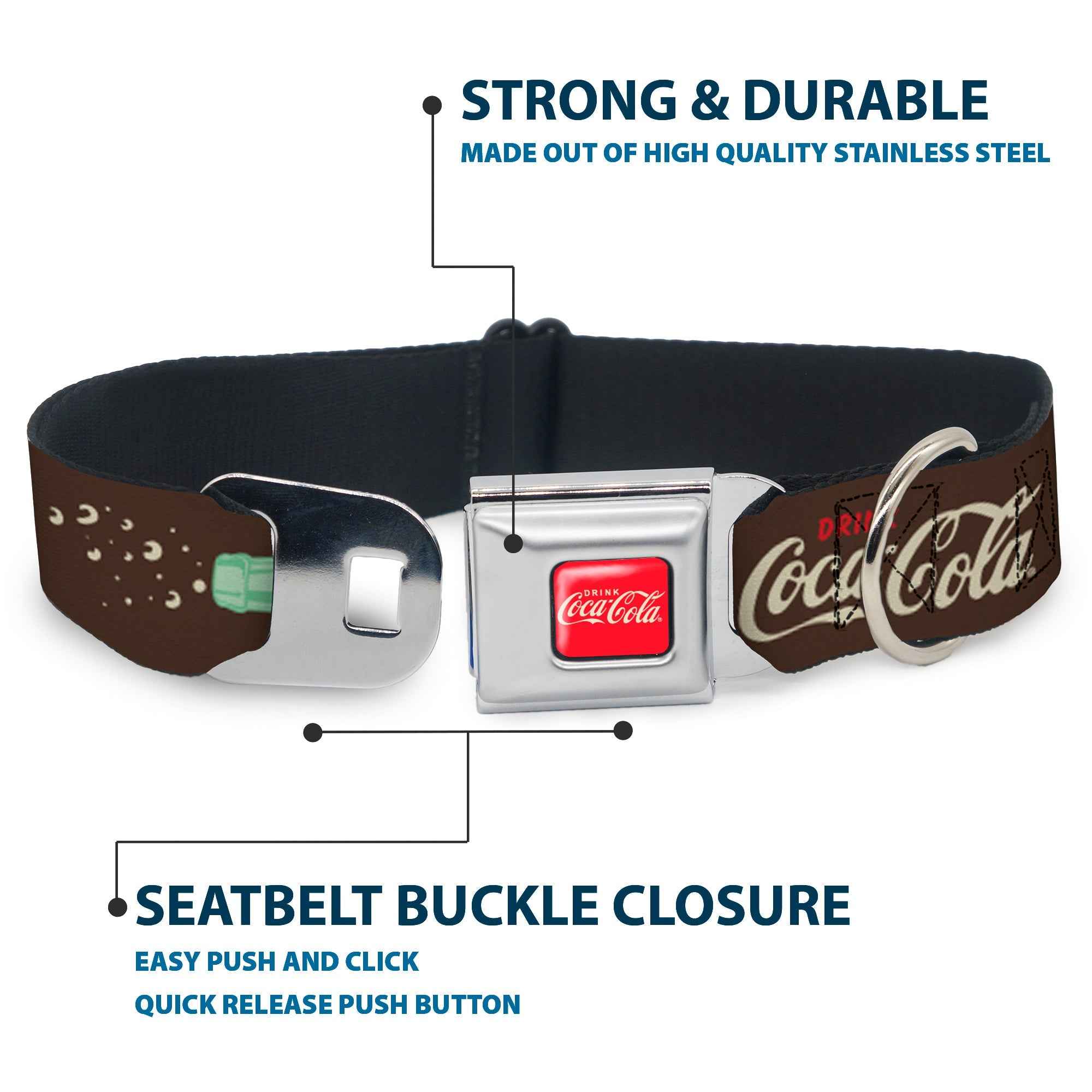 Buckle-Down Drink Coca-Cola Logo Full Color Red/White Seatbelt Buckle Dog Collar - Coca-Cola Pause And Refresh Typography and Bottle Brown/Red/White