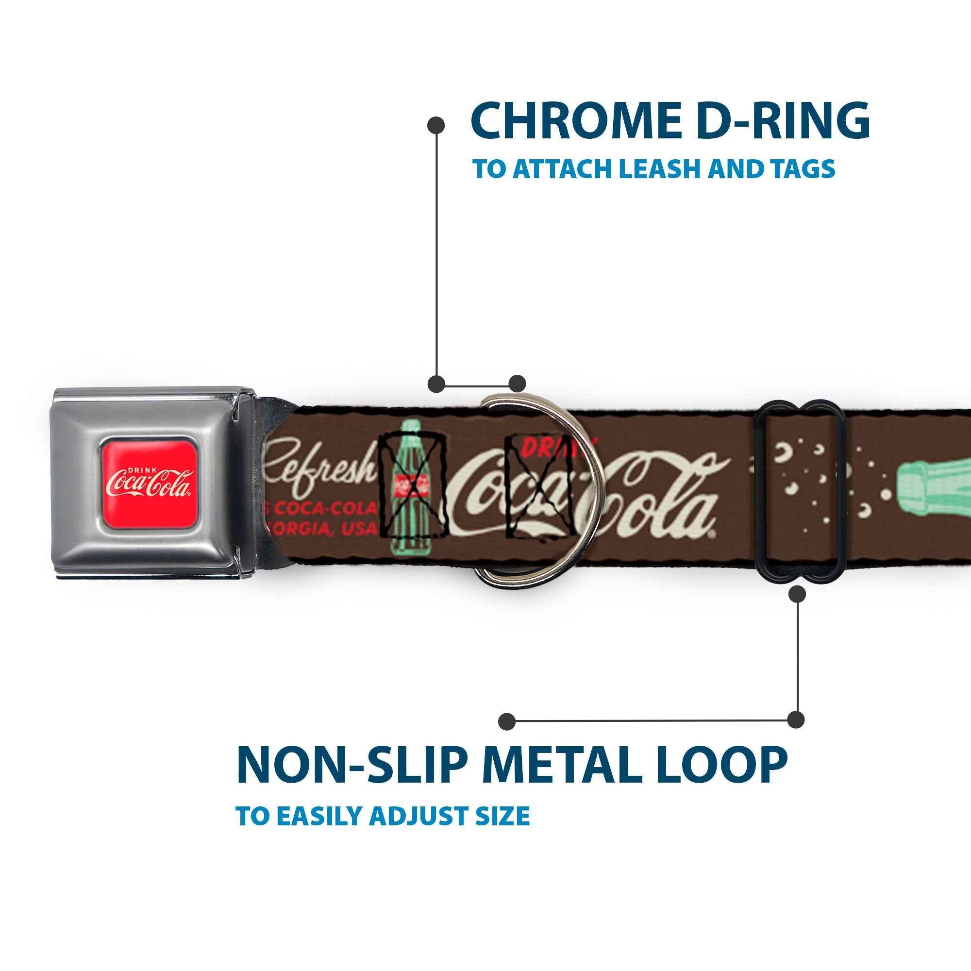 Buckle-Down Drink Coca-Cola Logo Full Color Red/White Seatbelt Buckle Dog Collar - Coca-Cola Pause And Refresh Typography and Bottle Brown/Red/White
