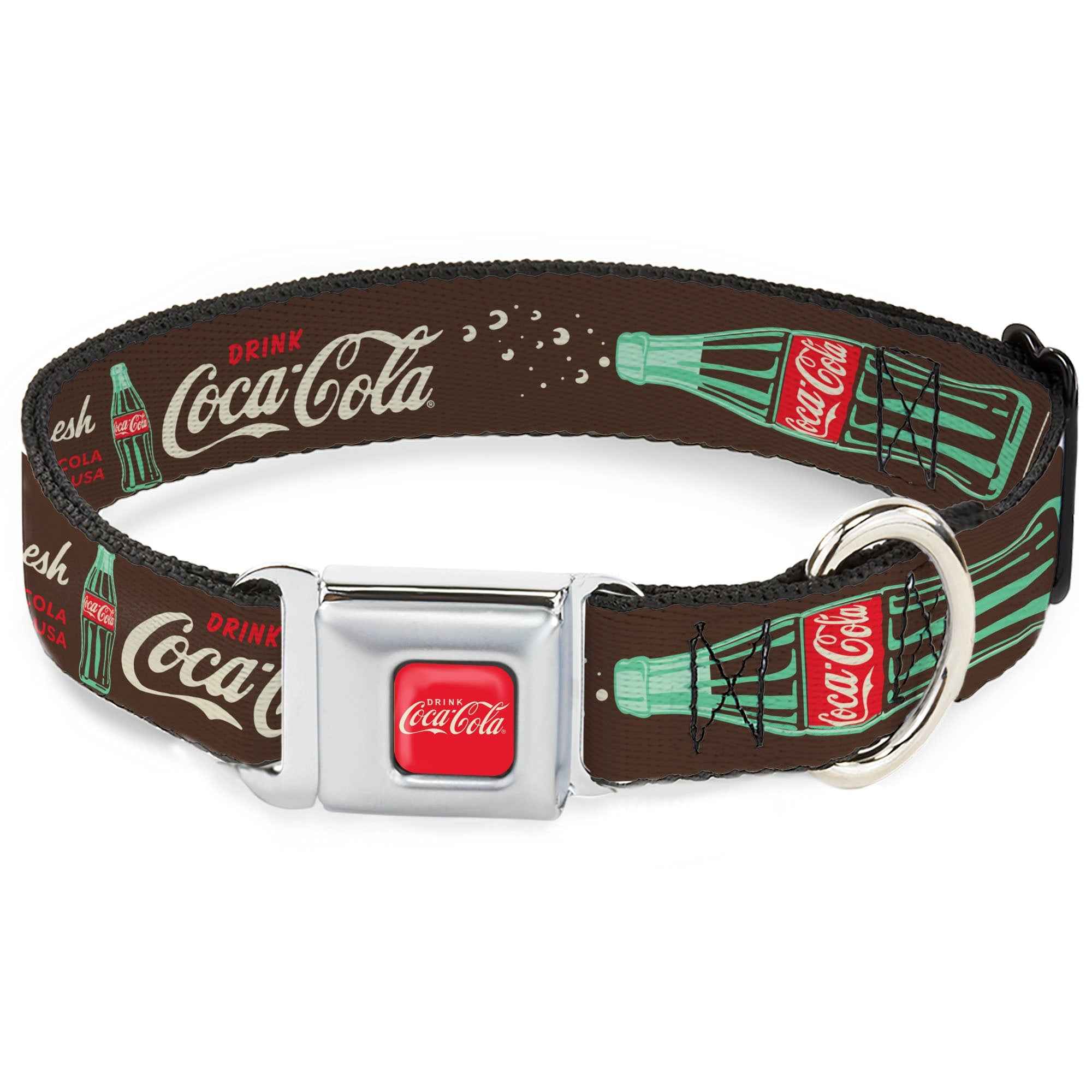 Buckle-Down Drink Coca-Cola Logo Full Color Red/White Seatbelt Buckle Dog Collar - Coca-Cola Pause And Refresh Typography and Bottle Brown/Red/White