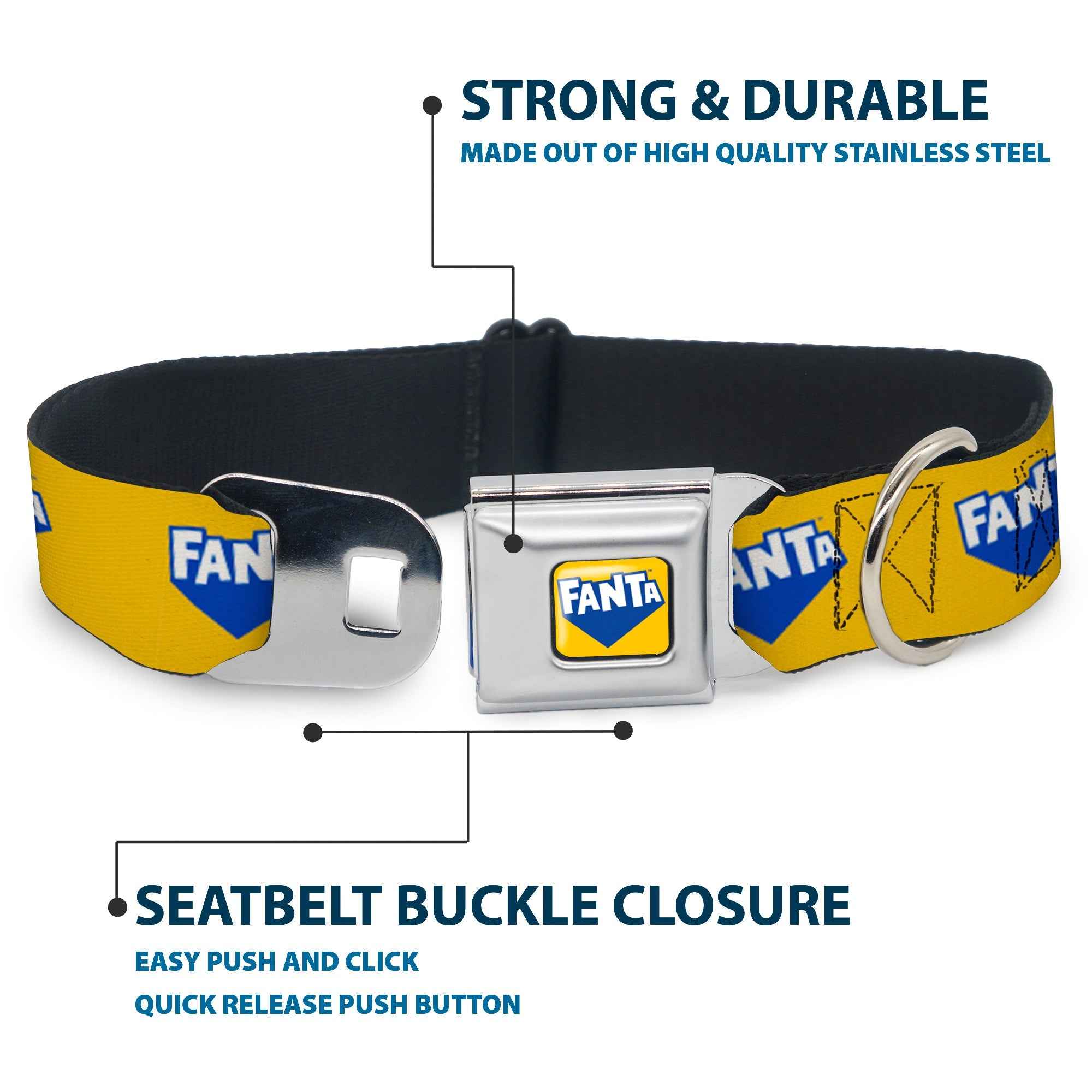 Buckle-Down Fanta Logo Full Color Pineapple Yellow/Blue/White Seatbelt Buckle Dog Collar - Fanta Logo Pineapple Yellow/Blue/White