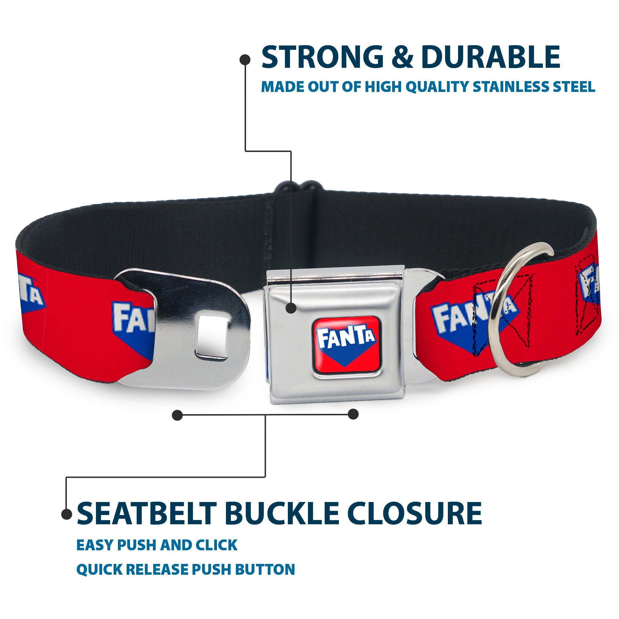 Buckle-Down Fanta Logo Full Color Strawberry Red/Blue/White Seatbelt Buckle Dog Collar - Fanta Logo Strawberry Red/Blue/White