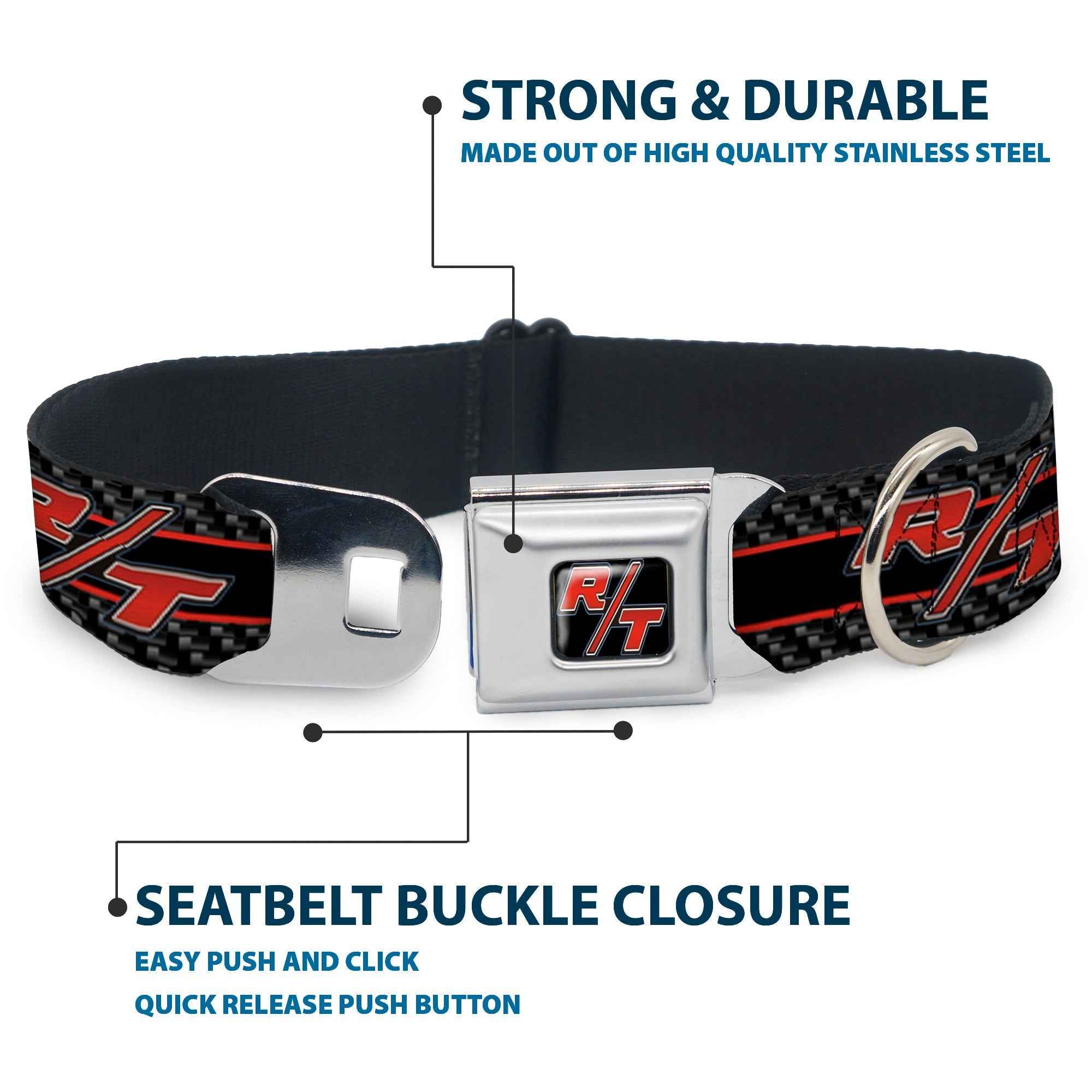 Buckle-Down Dodge Challenger R/T Emblem Black/White/Red & Emblem/Carbon Fiber Stripe Grays/Black/Red Seatbelt Buckle Dog Collar