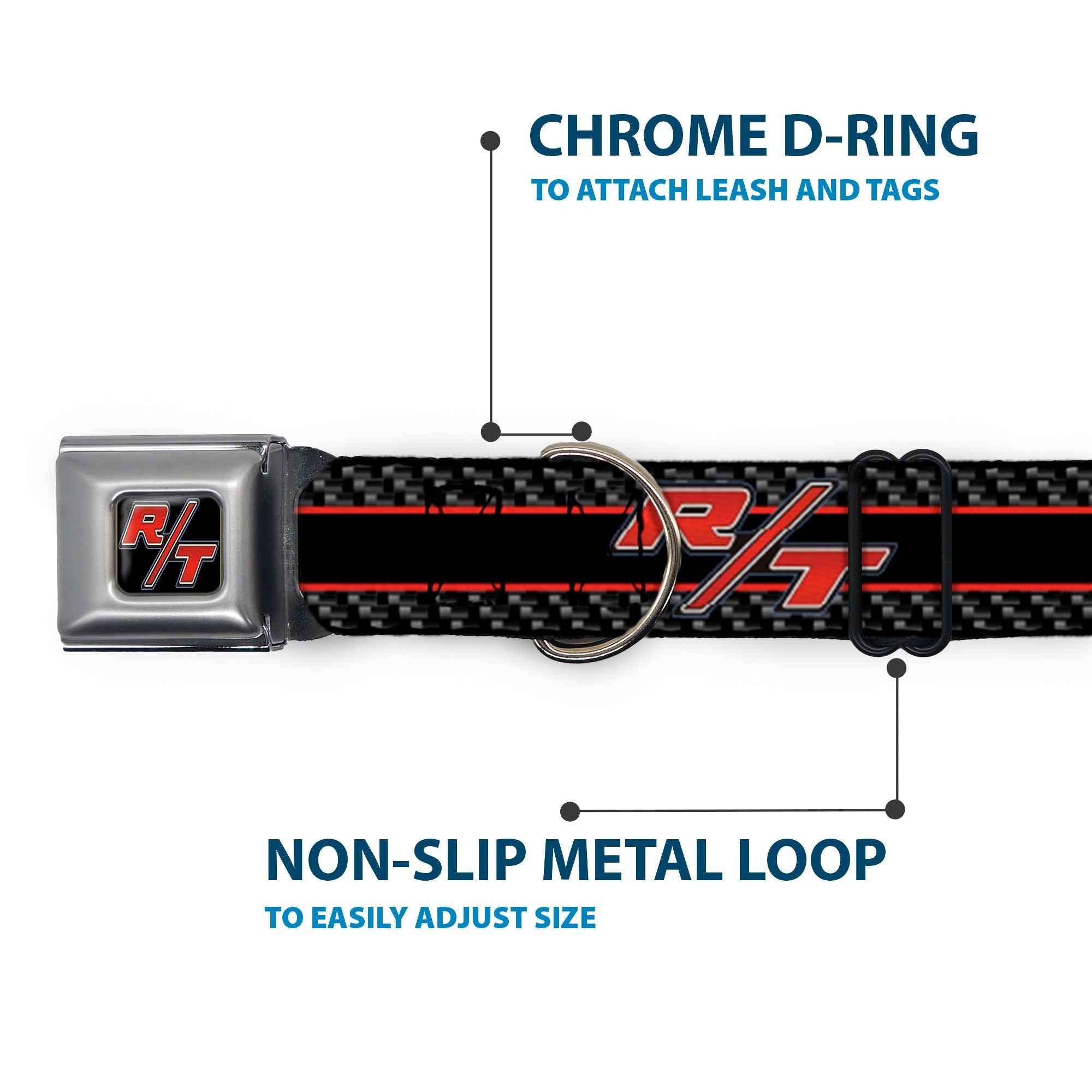 Buckle-Down Dodge Challenger R/T Emblem Black/White/Red & Emblem/Carbon Fiber Stripe Grays/Black/Red Seatbelt Buckle Dog Collar