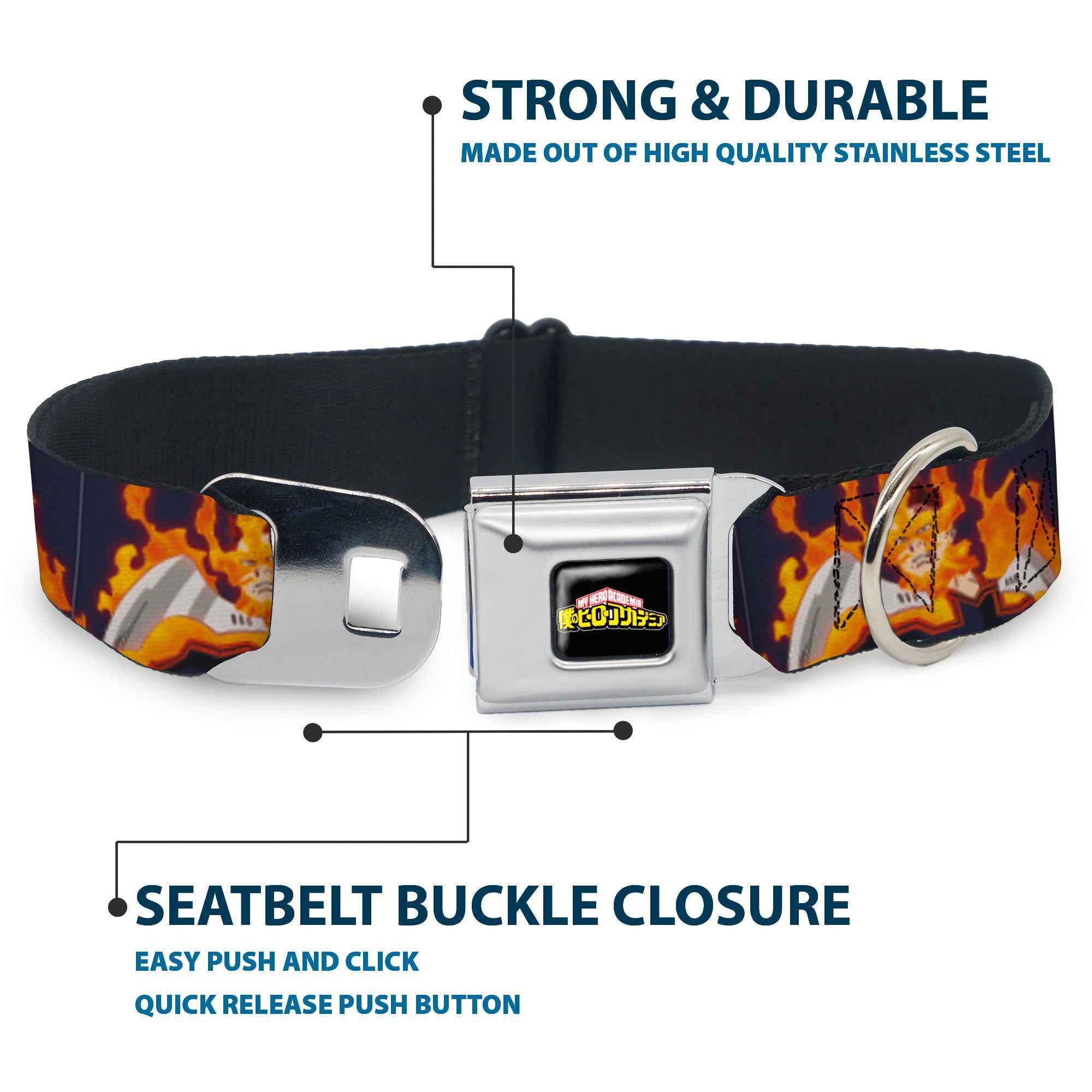 Buckle-Down My Hero Academia Title Logo Full Color Black Seatbelt Buckle Dog Collar - My Hero Academia Flame Hero Endeavor Pose Blue
