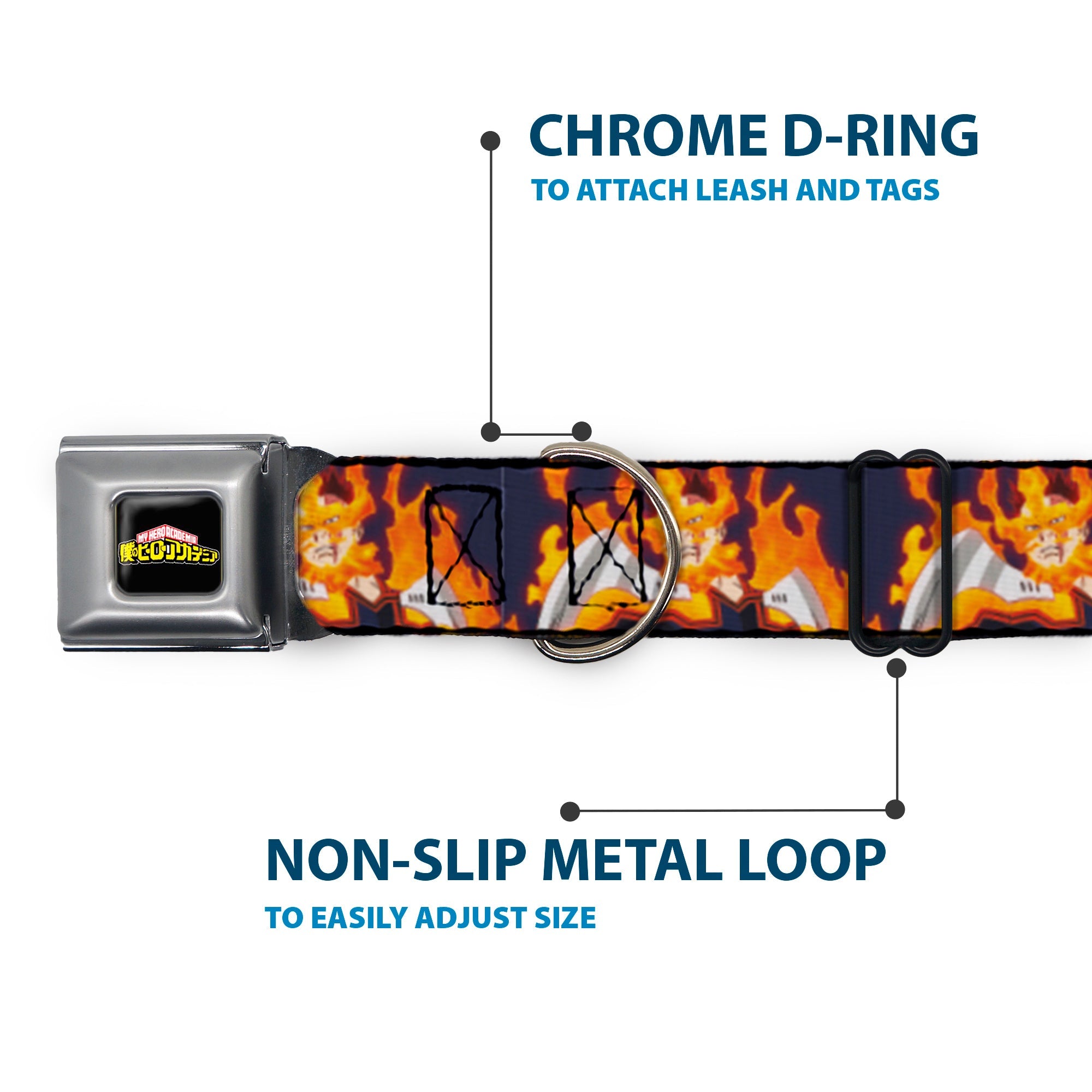 Buckle-Down My Hero Academia Title Logo Full Color Black Seatbelt Buckle Dog Collar - My Hero Academia Flame Hero Endeavor Pose Blue