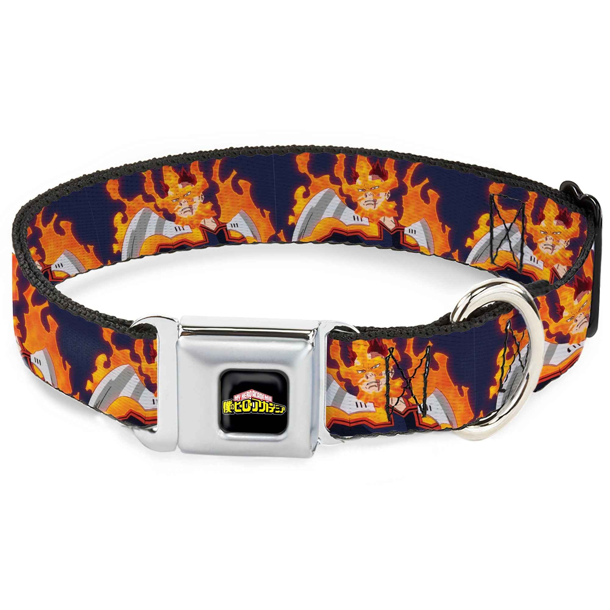 Buckle-Down My Hero Academia Title Logo Full Color Black Seatbelt Buckle Dog Collar - My Hero Academia Flame Hero Endeavor Pose Blue