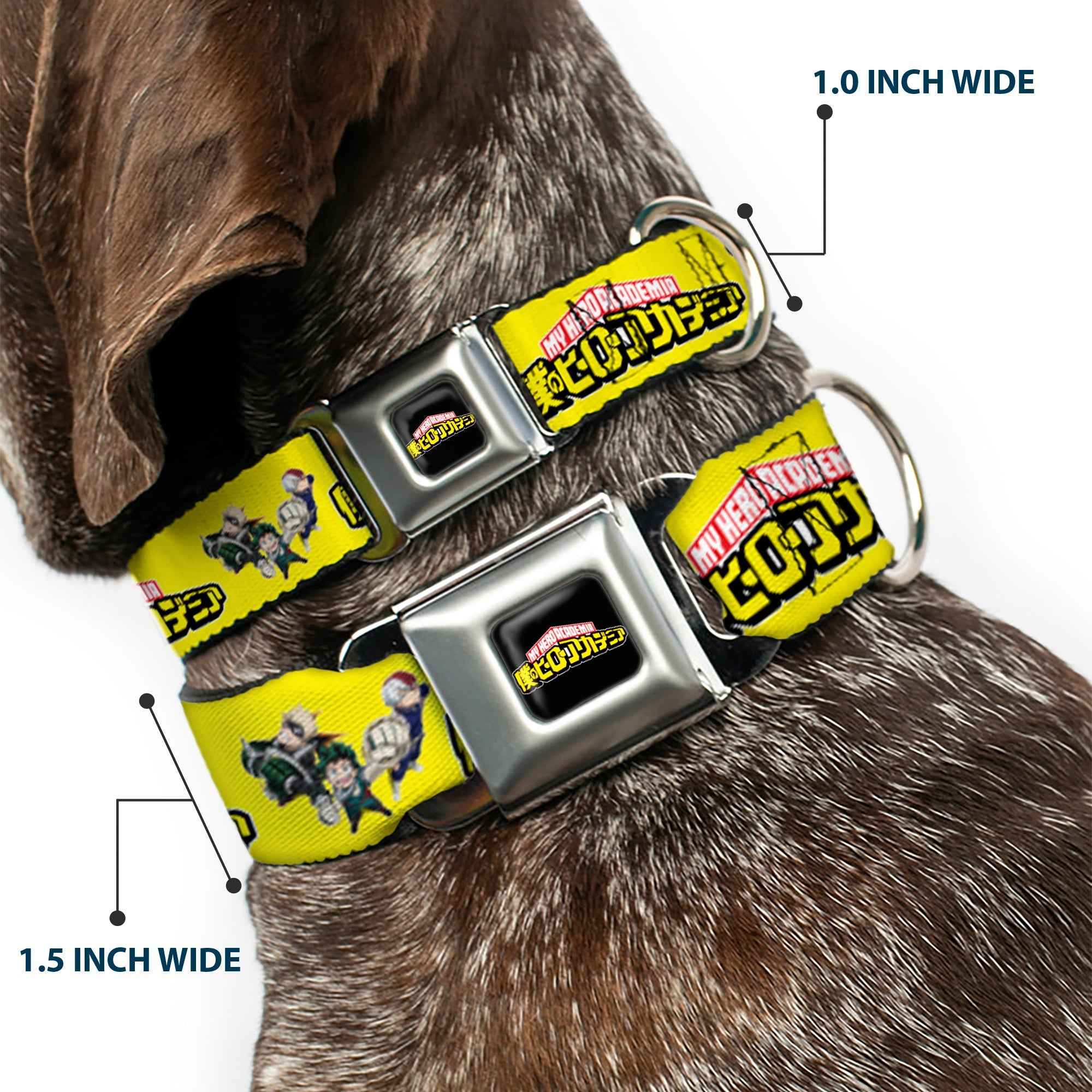 Buckle-Down My Hero Academia Title Logo Full Color Black Seatbelt Buckle Dog Collar - My Hero Academia Character Trio Pose and Title Logo Yellow