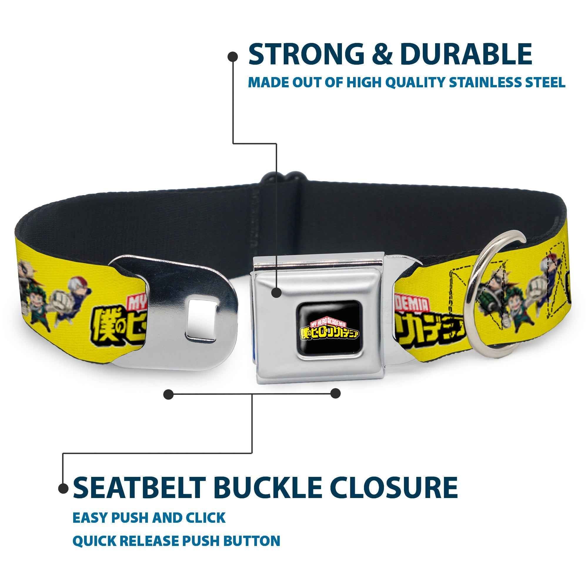 Buckle-Down My Hero Academia Title Logo Full Color Black Seatbelt Buckle Dog Collar - My Hero Academia Character Trio Pose and Title Logo Yellow