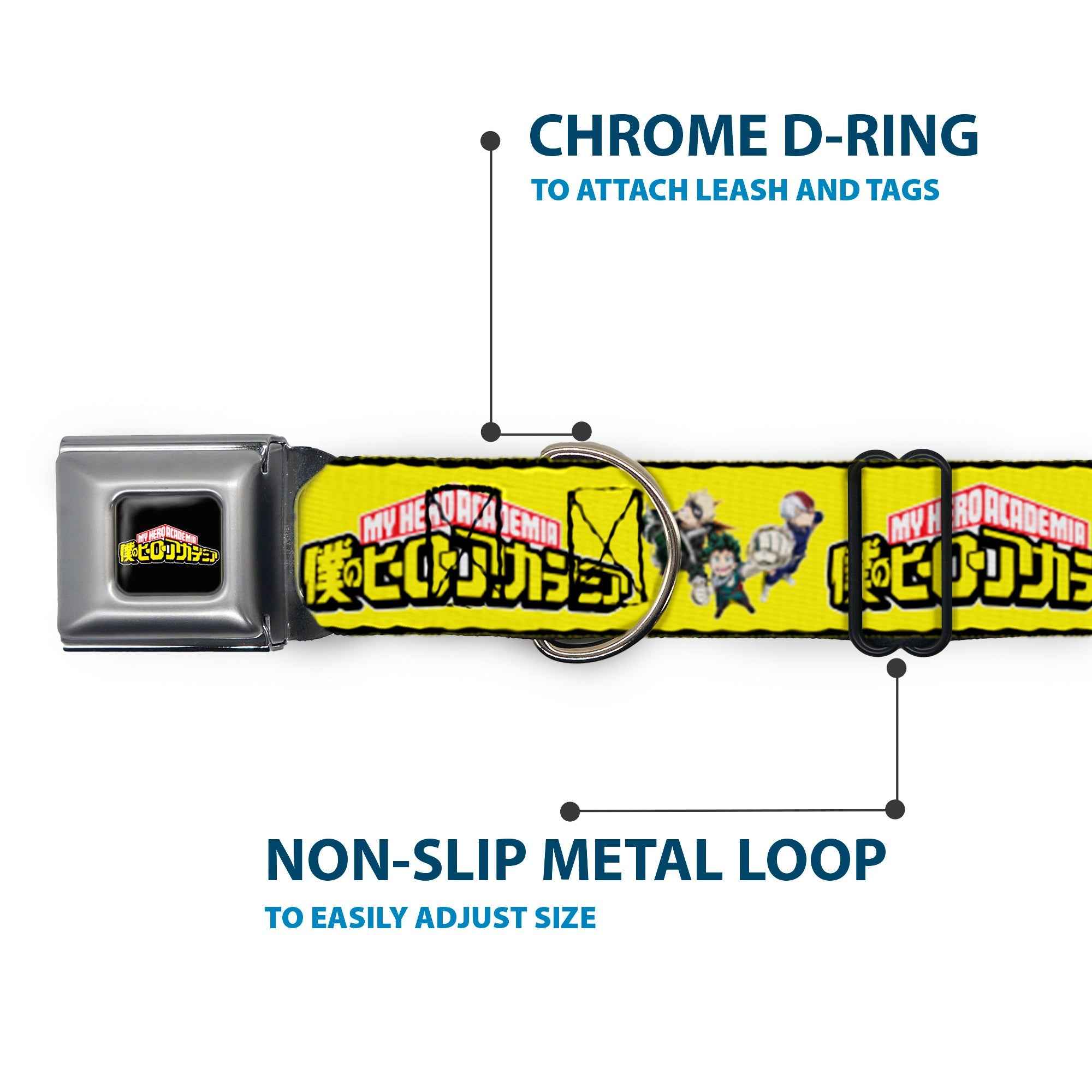 Buckle-Down My Hero Academia Title Logo Full Color Black Seatbelt Buckle Dog Collar - My Hero Academia Character Trio Pose and Title Logo Yellow