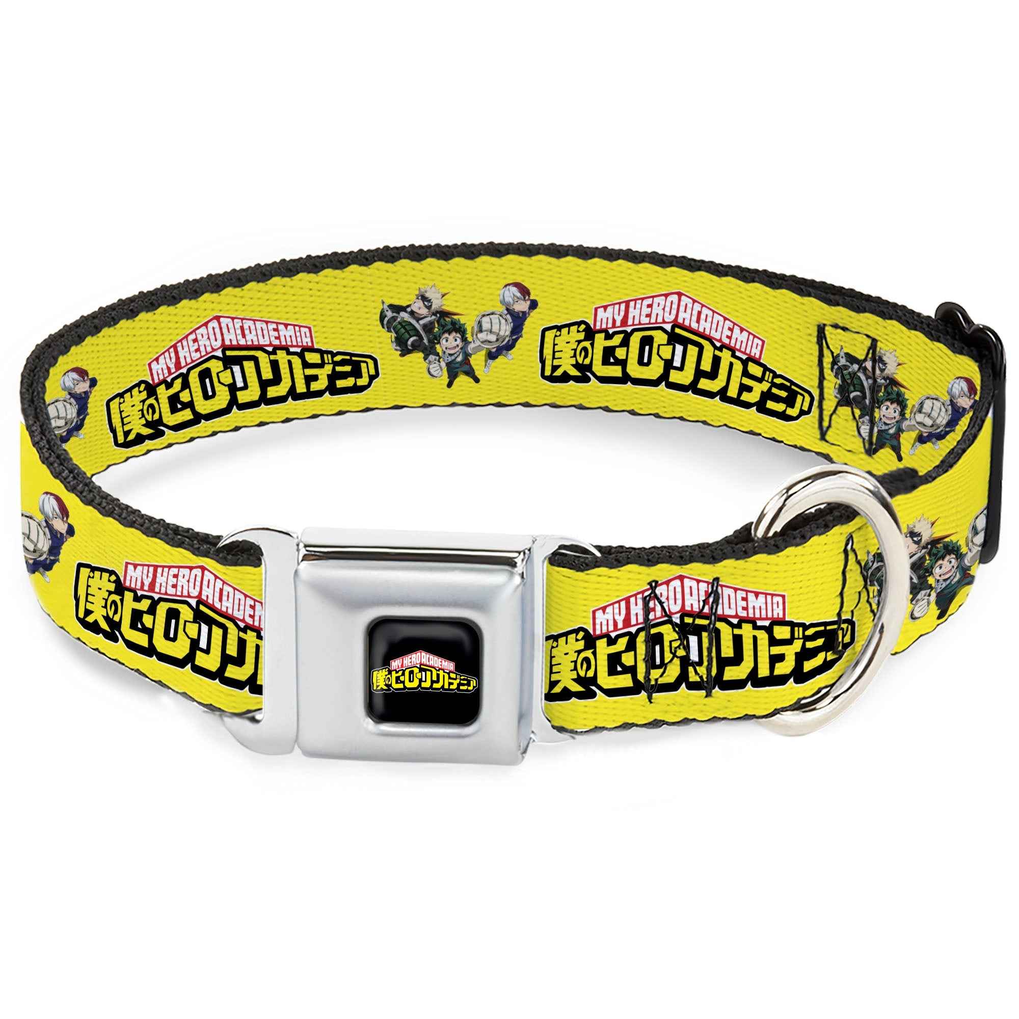 Buckle-Down My Hero Academia Title Logo Full Color Black Seatbelt Buckle Dog Collar - My Hero Academia Character Trio Pose and Title Logo Yellow
