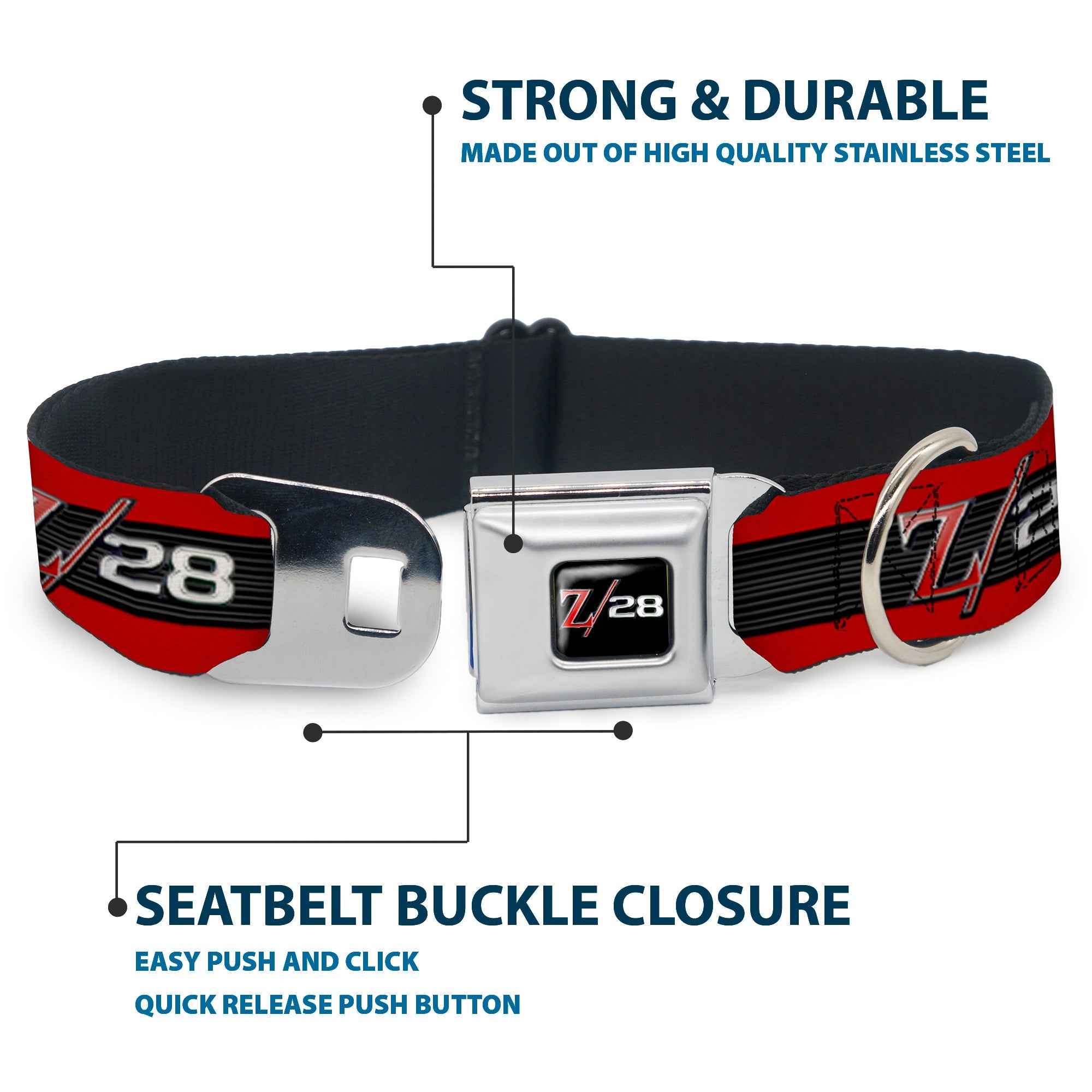 Buckle-Down 1969 Camaro Z/28 Emblem Full Color Black/Silvers/Red Seatbelt Buckle Dog Collar - 1969 Camaro Z/28 Emblem/Stripe Red/Black/Gray/Silver