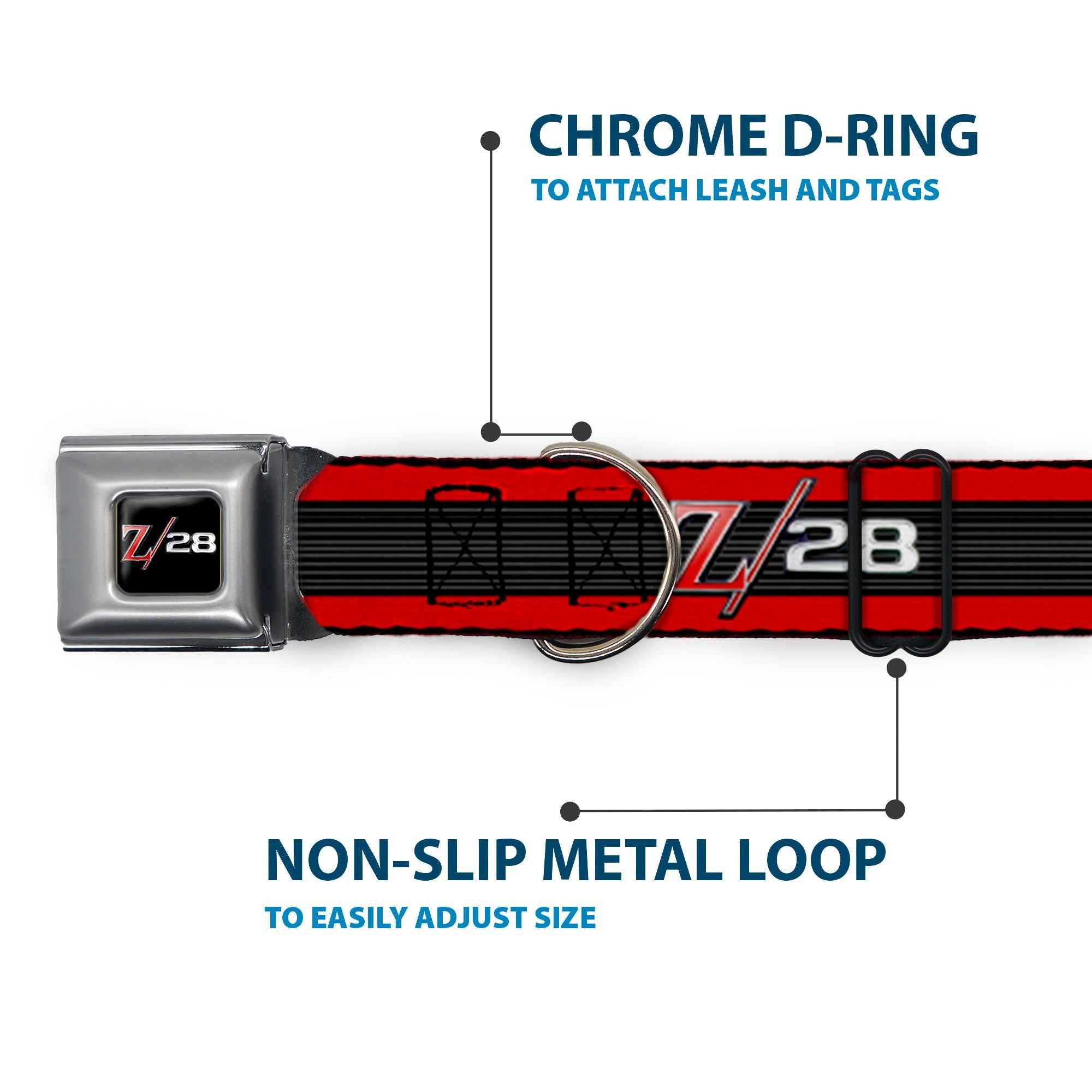 Buckle-Down 1969 Camaro Z/28 Emblem Full Color Black/Silvers/Red Seatbelt Buckle Dog Collar - 1969 Camaro Z/28 Emblem/Stripe Red/Black/Gray/Silver