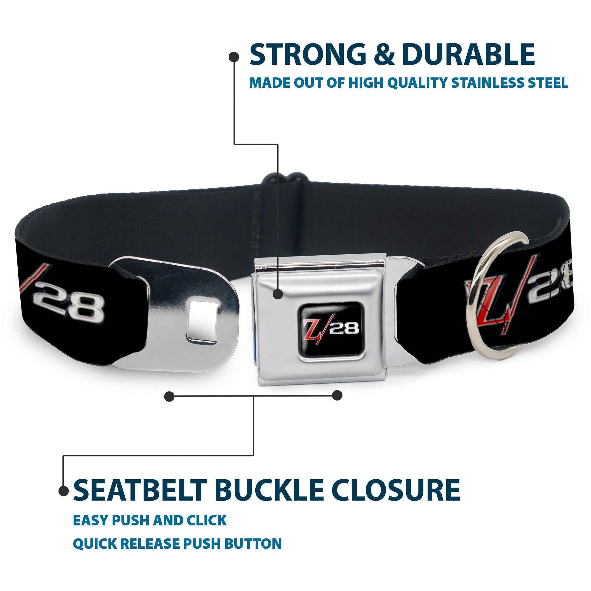 Buckle-Down 1969 Camaro Z/28 Emblem Black/Silvers/Red Seatbelt Buckle Dog Collar - 1969 Camaro Z/28 Emblem Black/Silvers/Red
