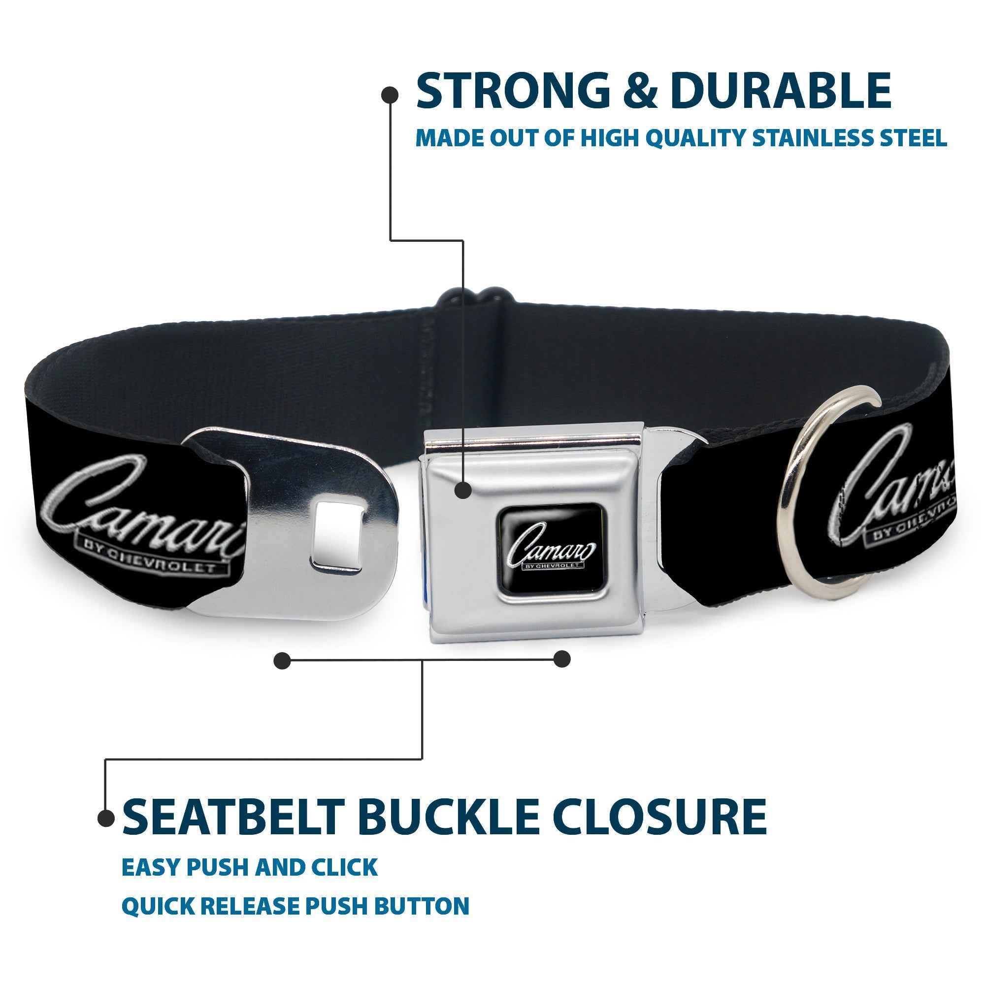 Buckle-Down 1969 Camaro By Chevrolet Emblem Black/Silver Seatbelt Buckle Dog Collar - 1969 Camaro By Chevrolet Emblem Black/Silver