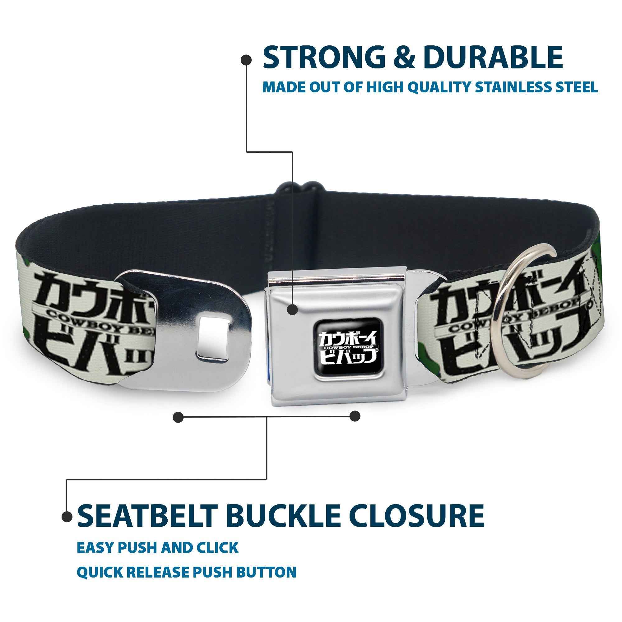 Buckle-Down Cowboy Bebop Title Logo Full Color Black/White Seatbelt Buckle Dog Collar - Cowboy Bebop Crew Group Pose and Title Logo White/Black/Greens