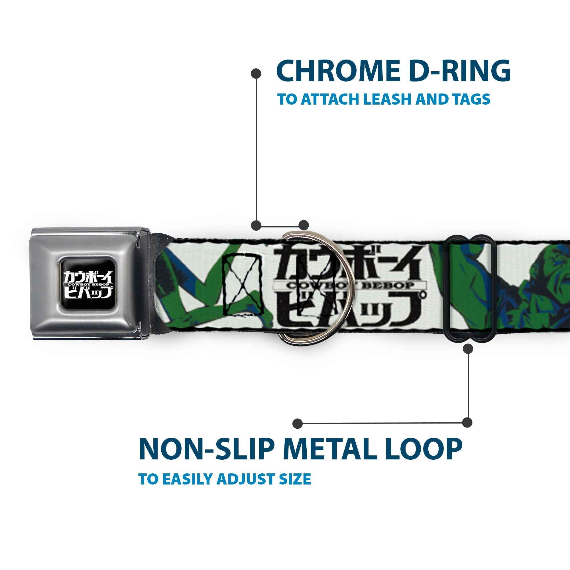 Buckle-Down Cowboy Bebop Title Logo Full Color Black/White Seatbelt Buckle Dog Collar - Cowboy Bebop Crew Group Pose and Title Logo White/Black/Greens