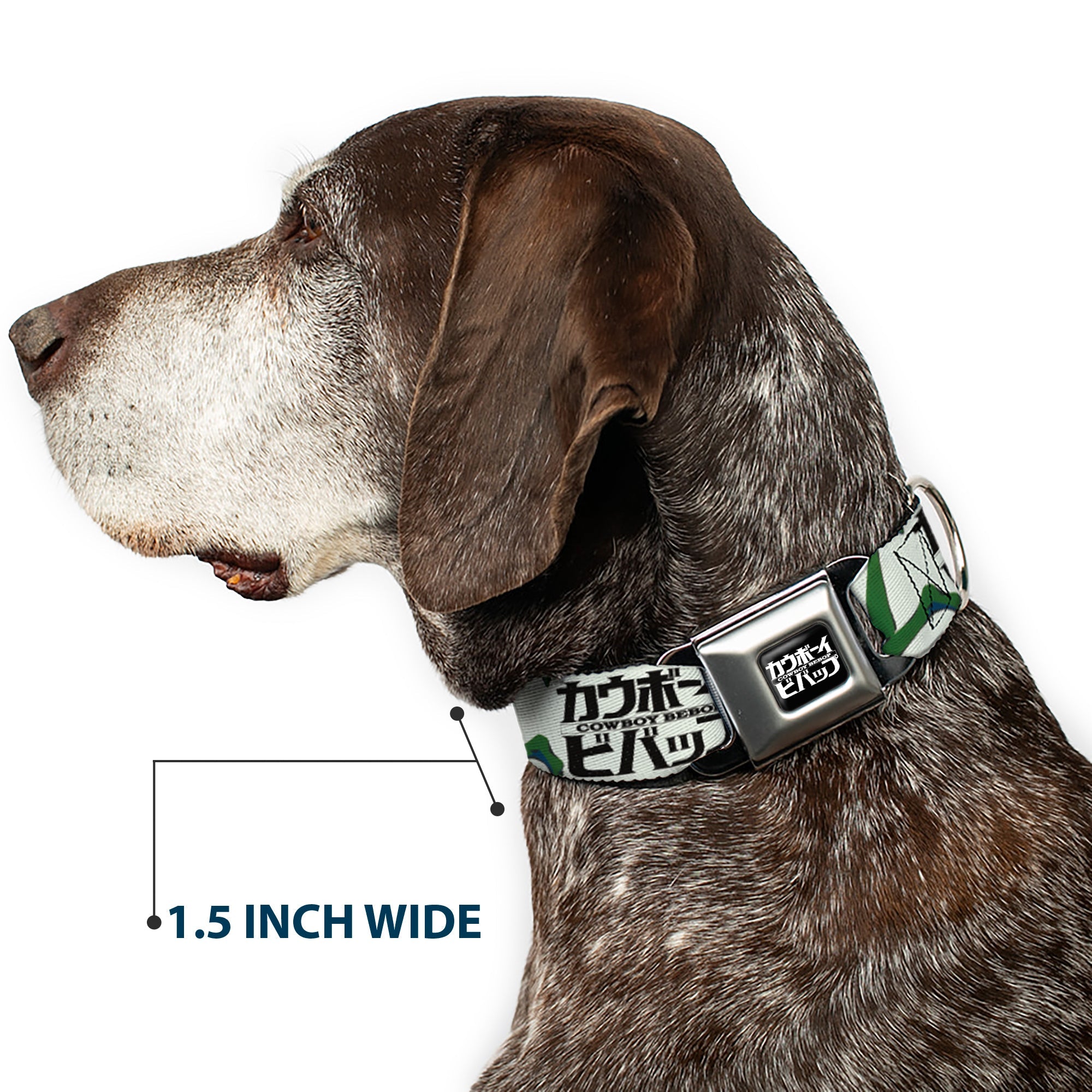 Buckle-Down Cowboy Bebop Title Logo Full Color Black/White Seatbelt Buckle Dog Collar - Cowboy Bebop Crew Group Pose and Title Logo White/Black/Greens