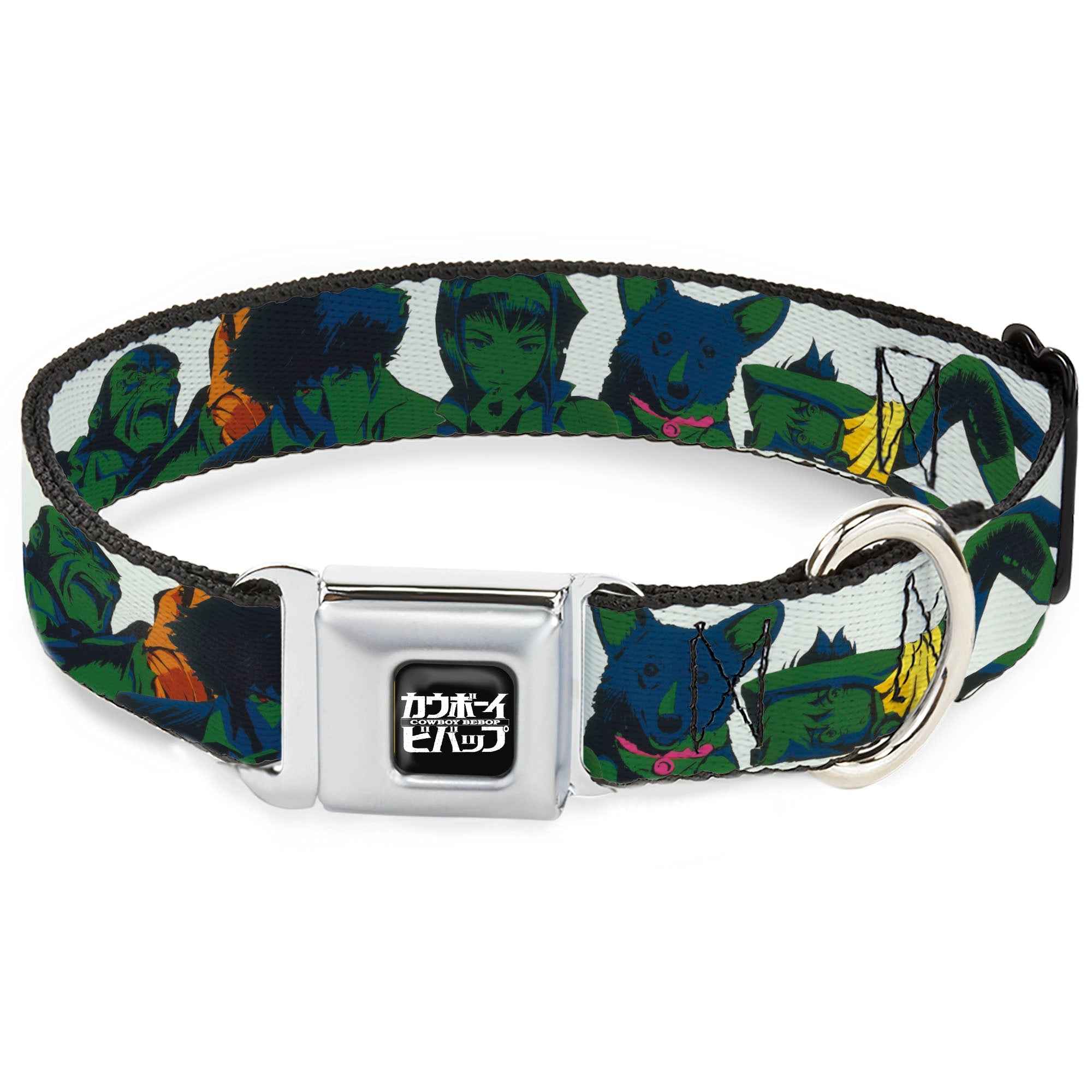 Buckle-Down Cowboy Bebop Title Logo Full Color Black/White Seatbelt Buckle Dog Collar - Cowboy Bebop Crew Group Pose and Title Logo White/Black/Greens