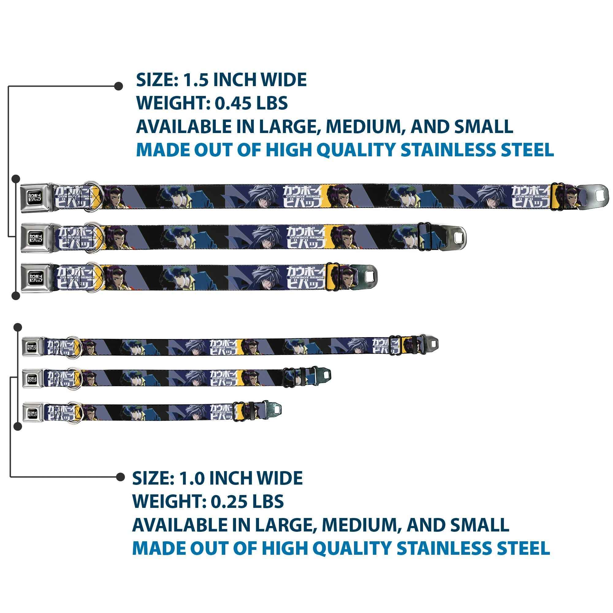 Buckle-Down Cowboy Bebop Title Logo Black/White & Spike Vicious and Faye Pose and Title Logo Seatbelt Buckle Dog Collar