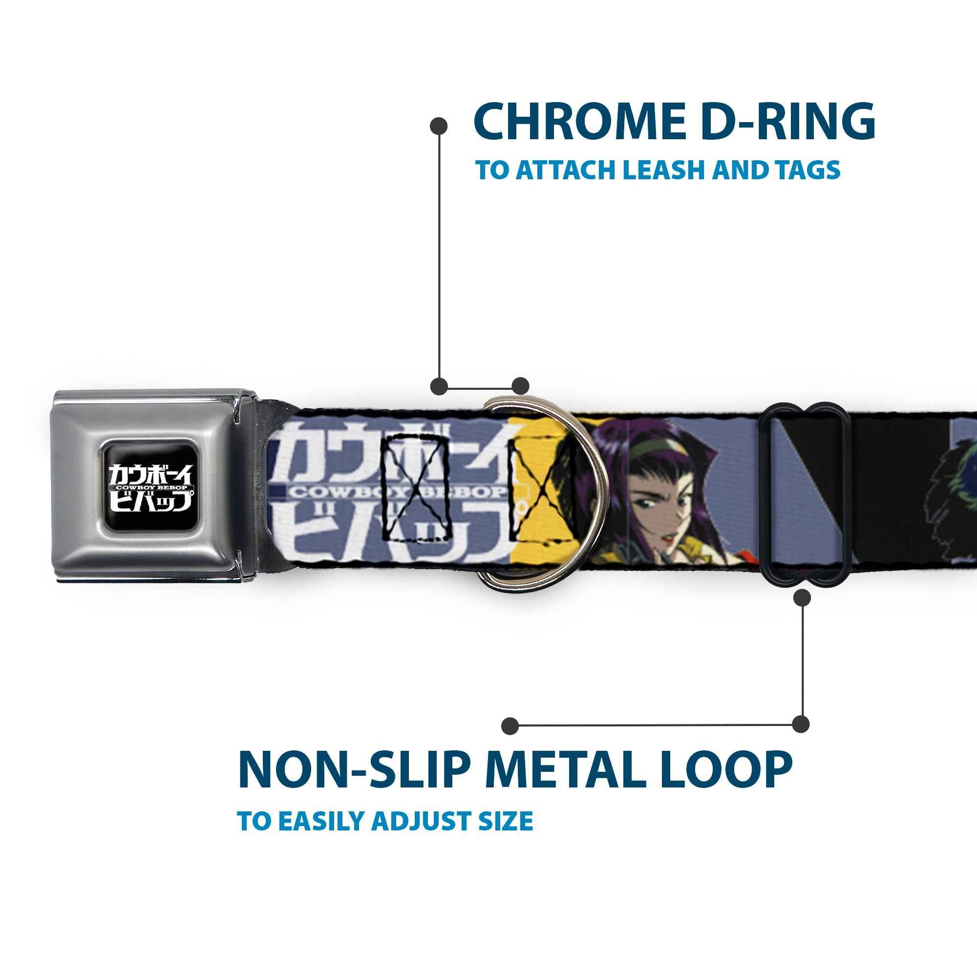Buckle-Down Cowboy Bebop Title Logo Black/White & Spike Vicious and Faye Pose and Title Logo Seatbelt Buckle Dog Collar