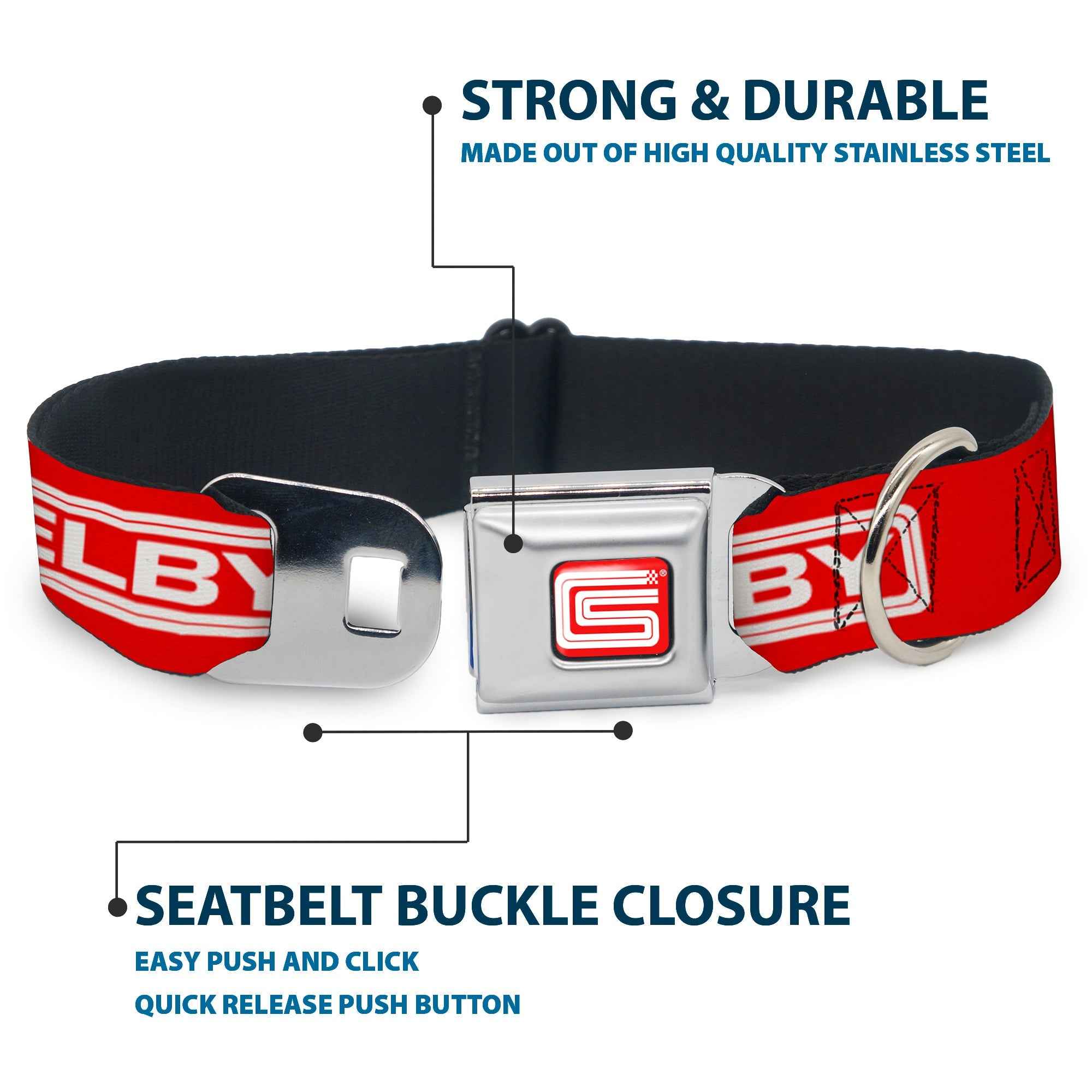 Buckle-Down Carroll Shelby Cs Racing Logo Full Color Red/White Seatbelt Buckle Dog Collar - Carroll Shelby Cs Shelby Racing Logo Block Red/White