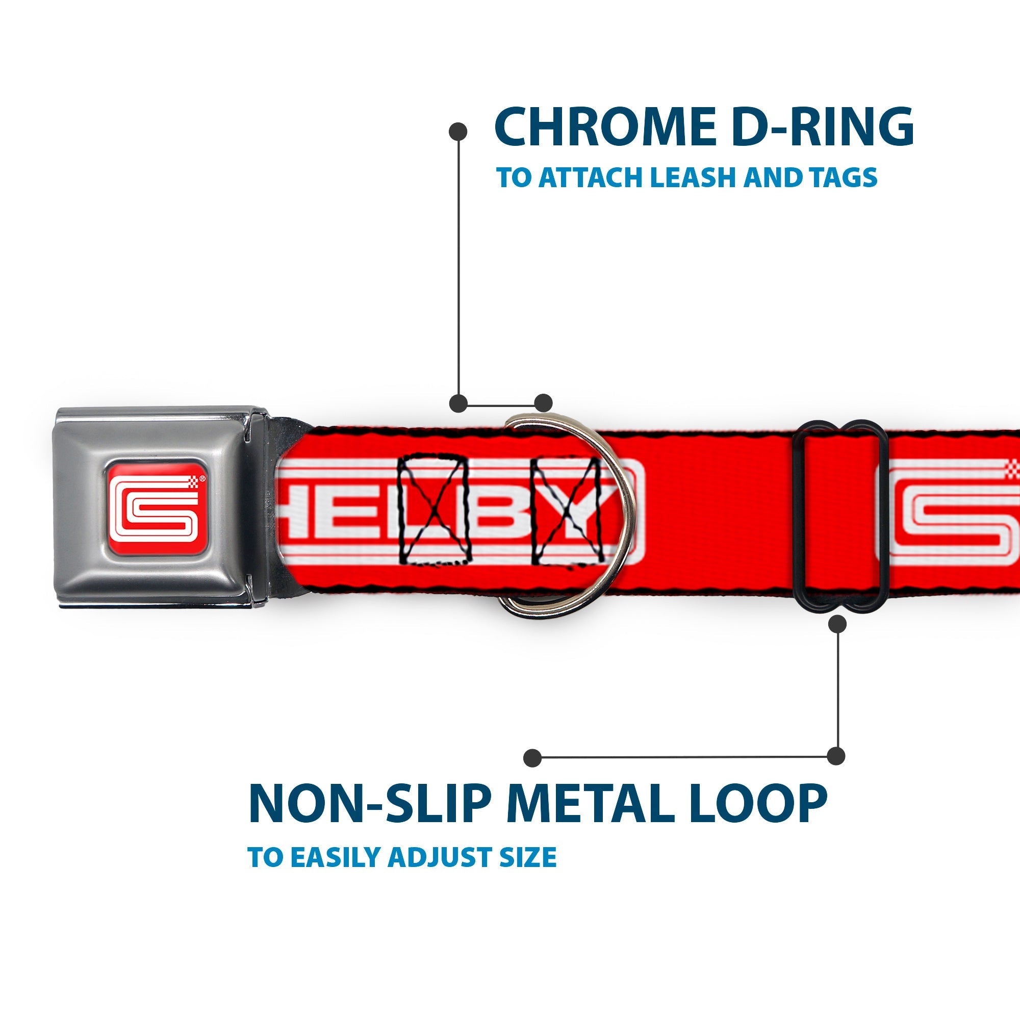 Buckle-Down Carroll Shelby Cs Racing Logo Full Color Red/White Seatbelt Buckle Dog Collar - Carroll Shelby Cs Shelby Racing Logo Block Red/White