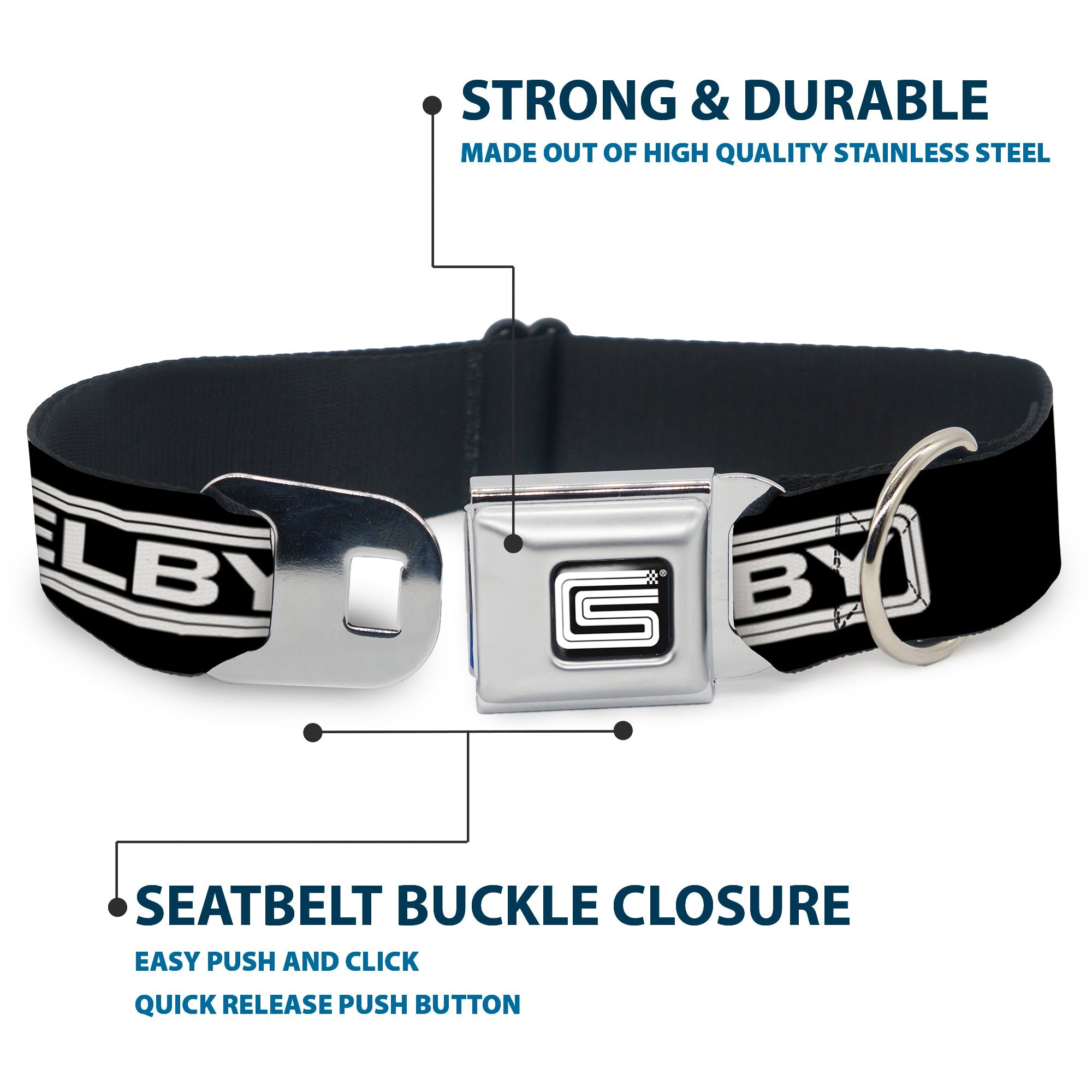 Carroll Shelby CS Racing Logo Full Color Black/White Seatbelt Buckle Collar - Carroll Shelby CS SHELBY Racing Logo Block Black/White
