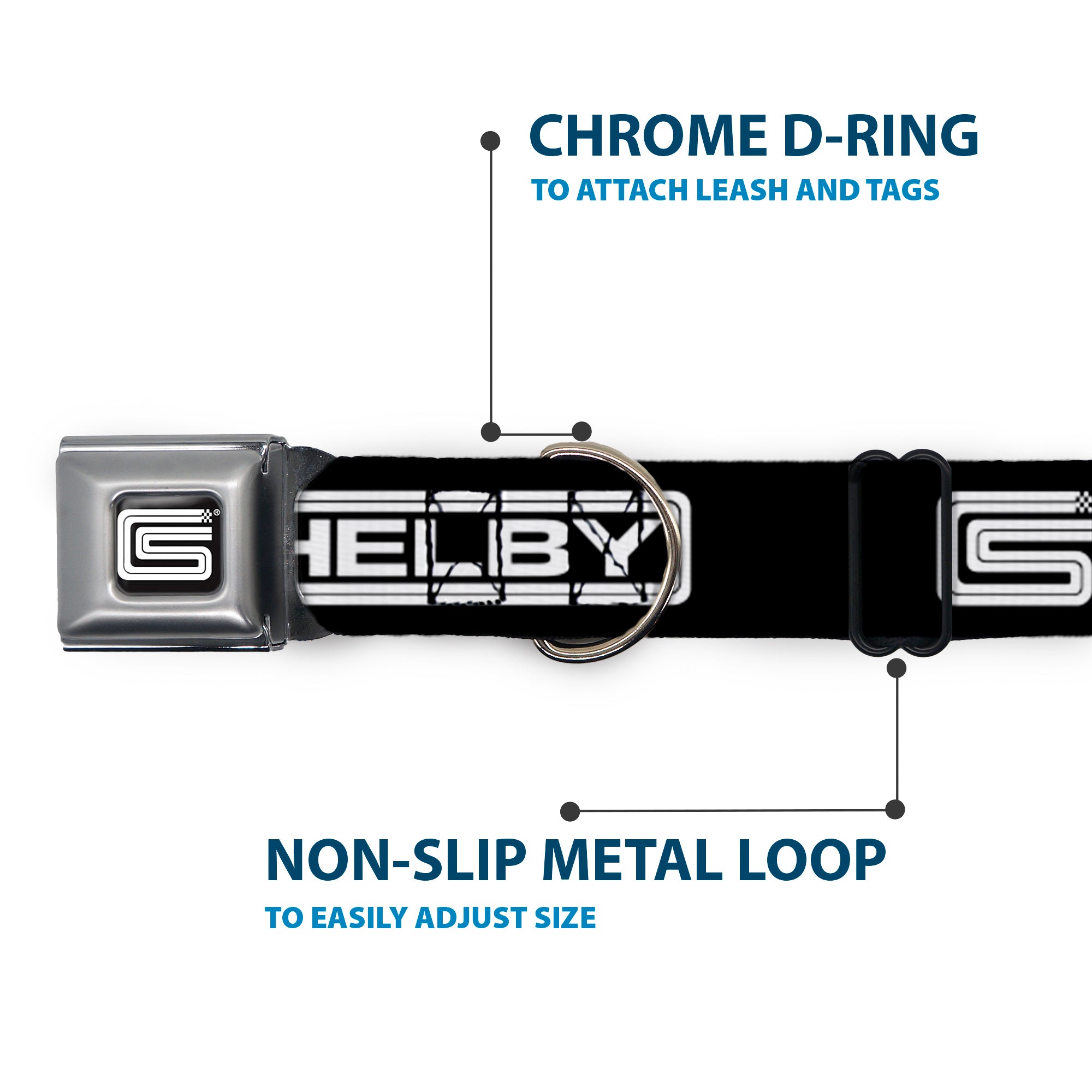 Carroll Shelby CS Racing Logo Full Color Black/White Seatbelt Buckle Collar - Carroll Shelby CS SHELBY Racing Logo Block Black/White