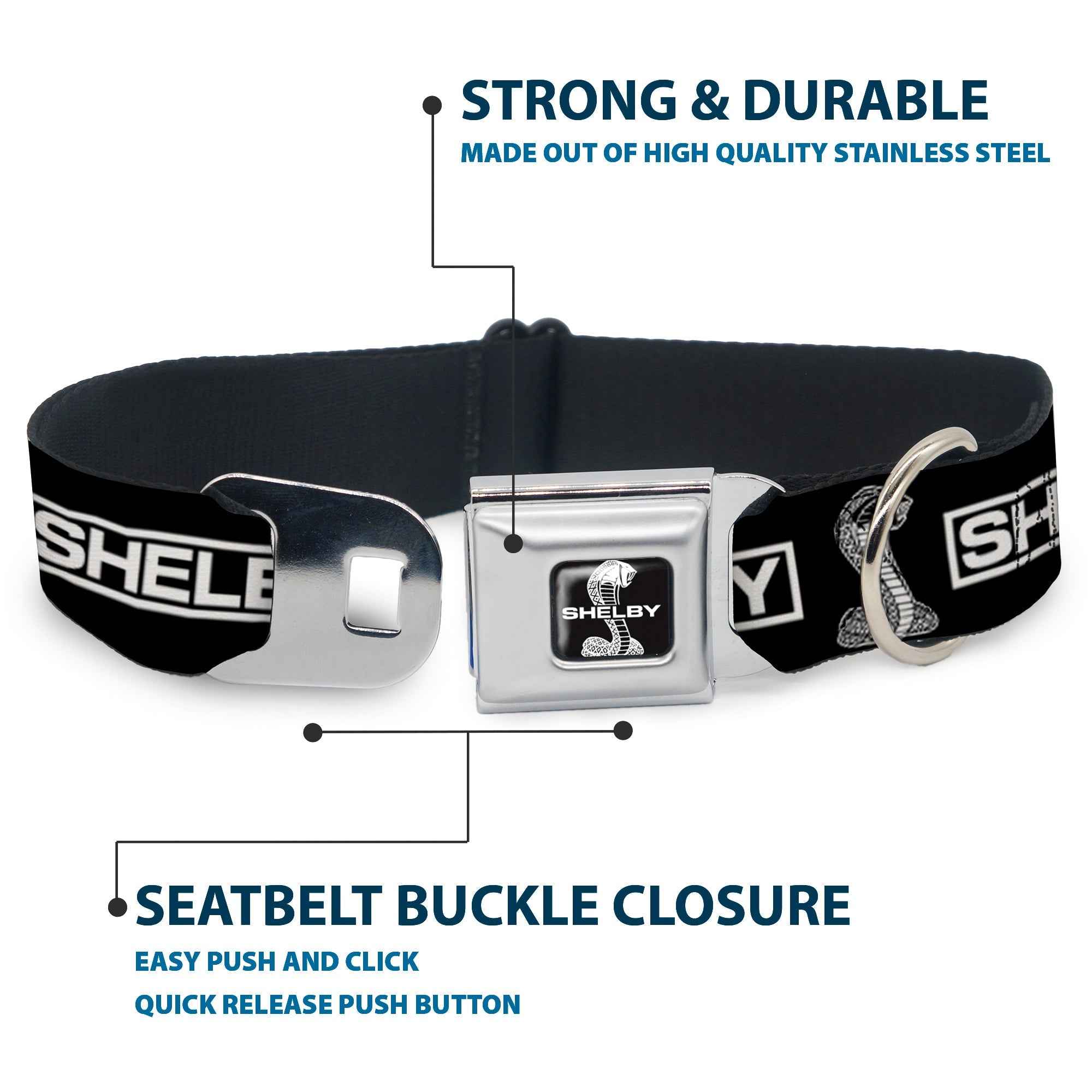 Buckle-Down Shelby Super Snake Cobra Split Full Color Black/White Seatbelt Buckle Dog Collar - Shelby Box Logo and Super Snake Cobra Black/White