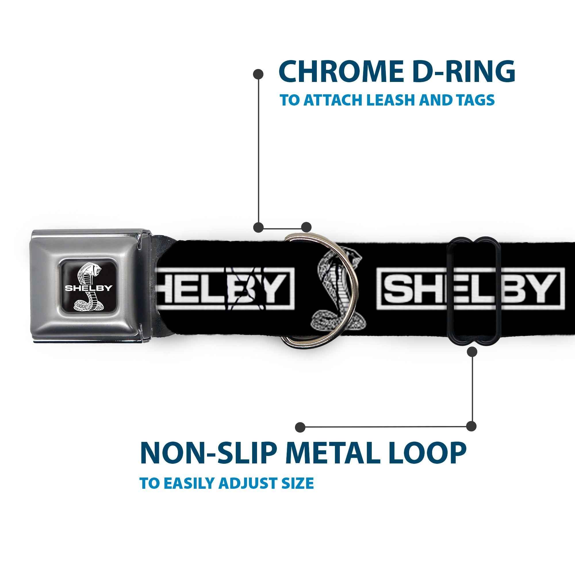 Buckle-Down Shelby Super Snake Cobra Split Full Color Black/White Seatbelt Buckle Dog Collar - Shelby Box Logo and Super Snake Cobra Black/White