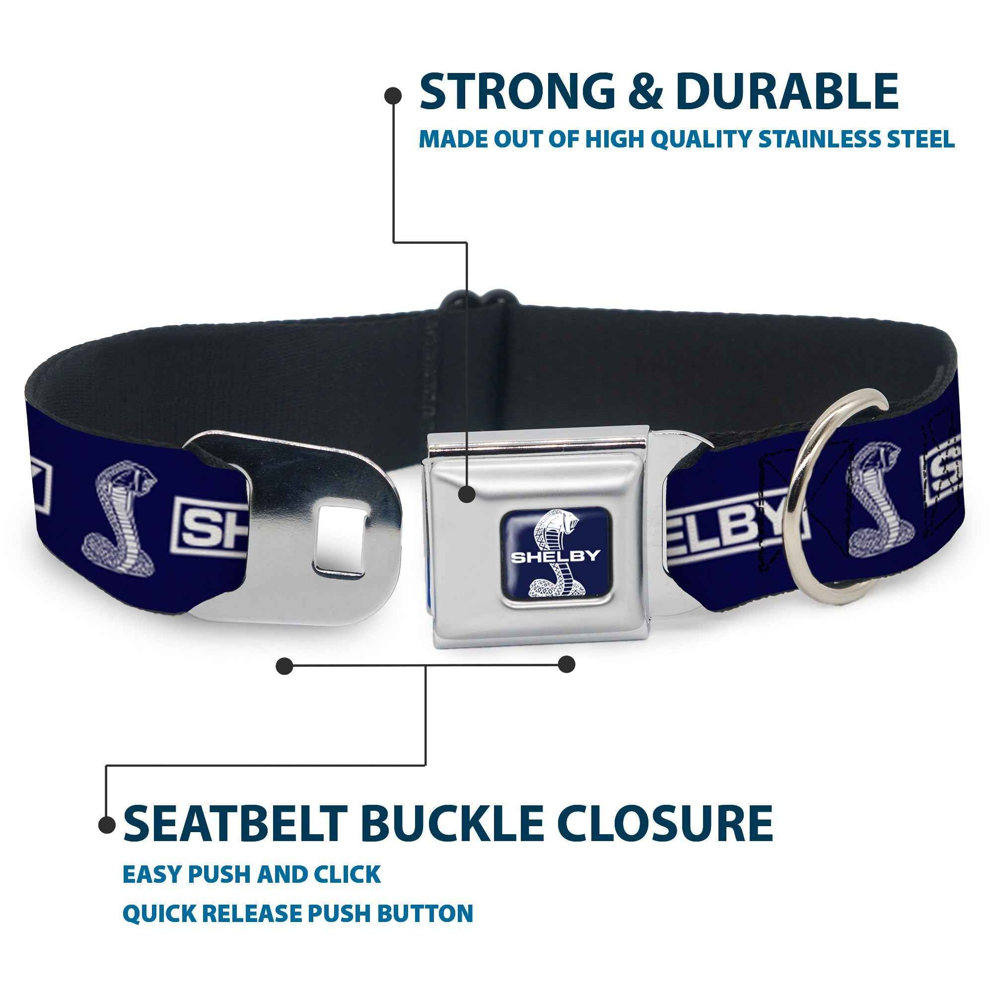Buckle-Down Shelby Super Snake Cobra Split Full Color Blue/White Seatbelt Buckle Dog Collar - Shelby Box Logo and Super Snake Cobra Blue/White