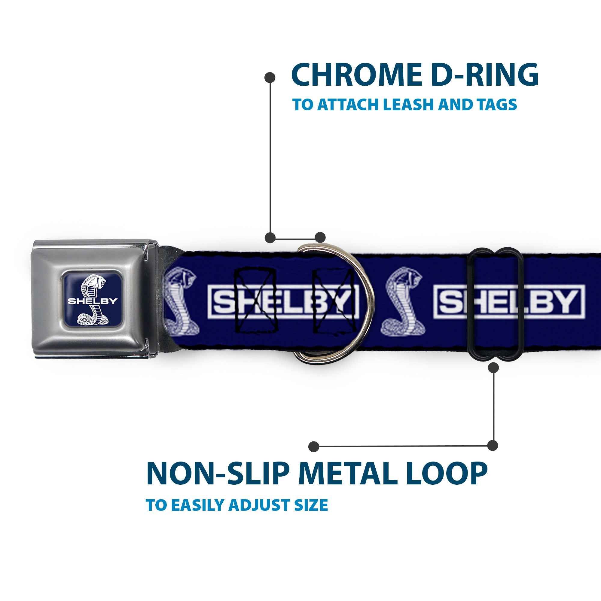 Buckle-Down Shelby Super Snake Cobra Split Full Color Blue/White Seatbelt Buckle Dog Collar - Shelby Box Logo and Super Snake Cobra Blue/White