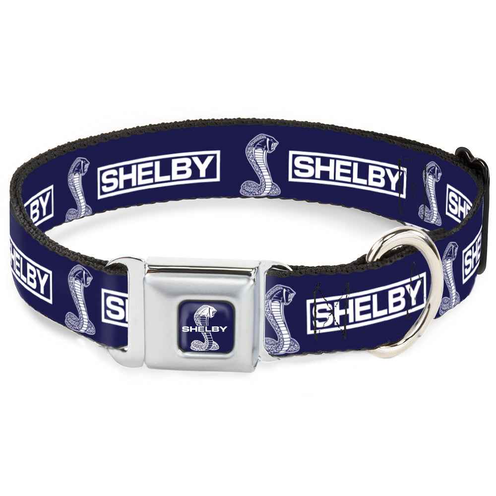 Buckle-Down Shelby Super Snake Cobra Split Full Color Blue/White Seatbelt Buckle Dog Collar - Shelby Box Logo and Super Snake Cobra Blue/White