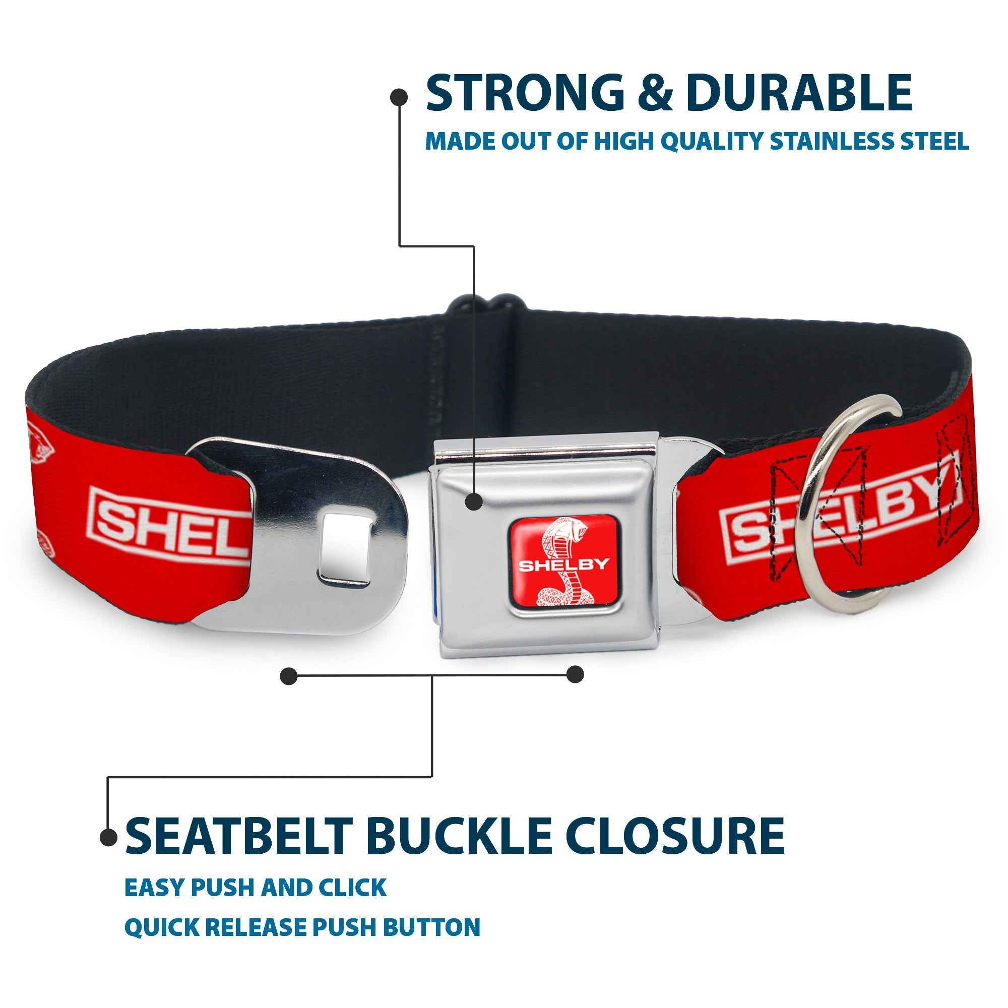 Buckle-Down Shelby Super Snake Cobra Split Full Color Red/White Seatbelt Buckle Dog Collar - Shelby Box Logo and Super Snake Cobra Red/White