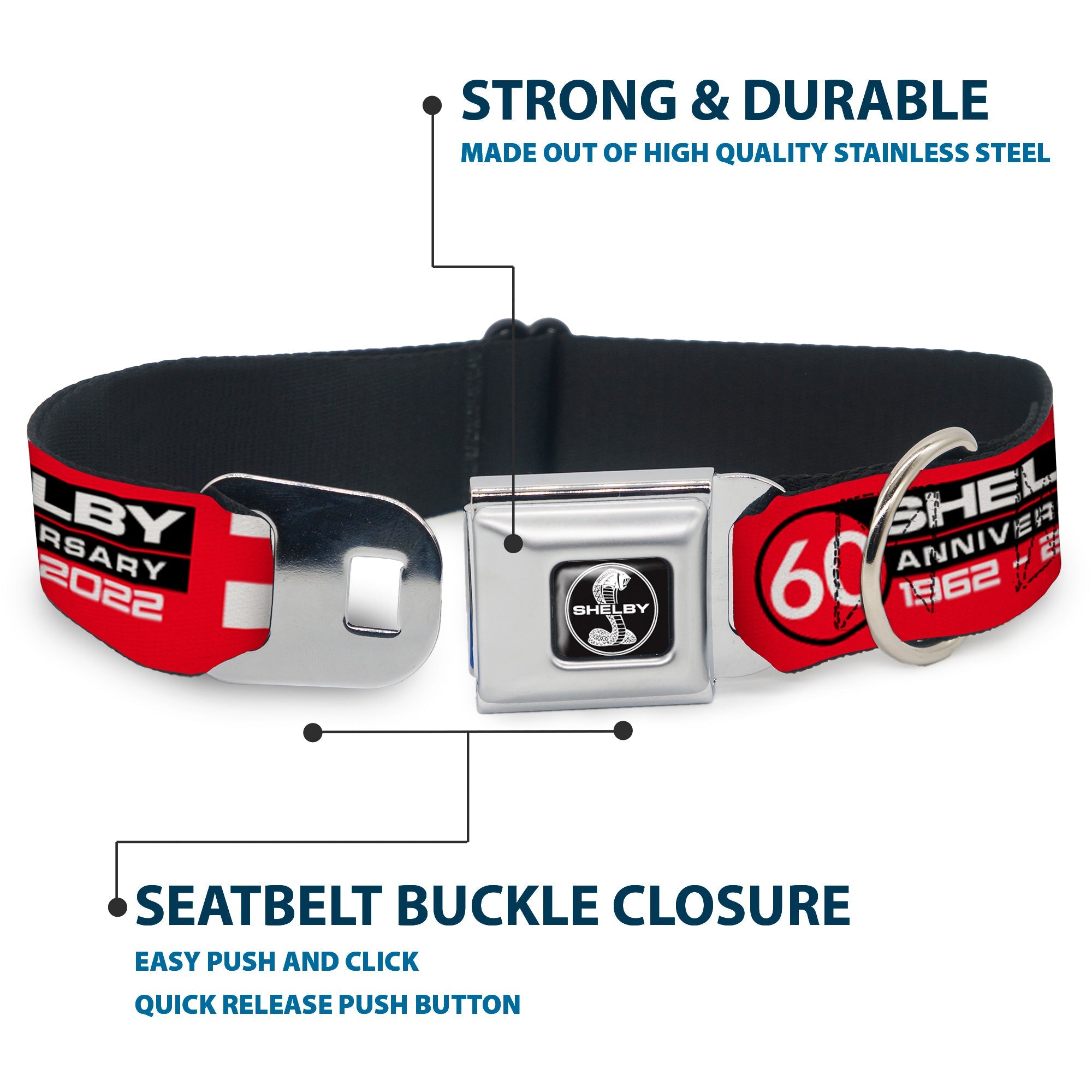 Buckle-Down Shelby Tiffany Split Full Color Black/White Seatbelt Buckle Dog Collar - Shelby 60th Anniversary Checker Red/Black/White